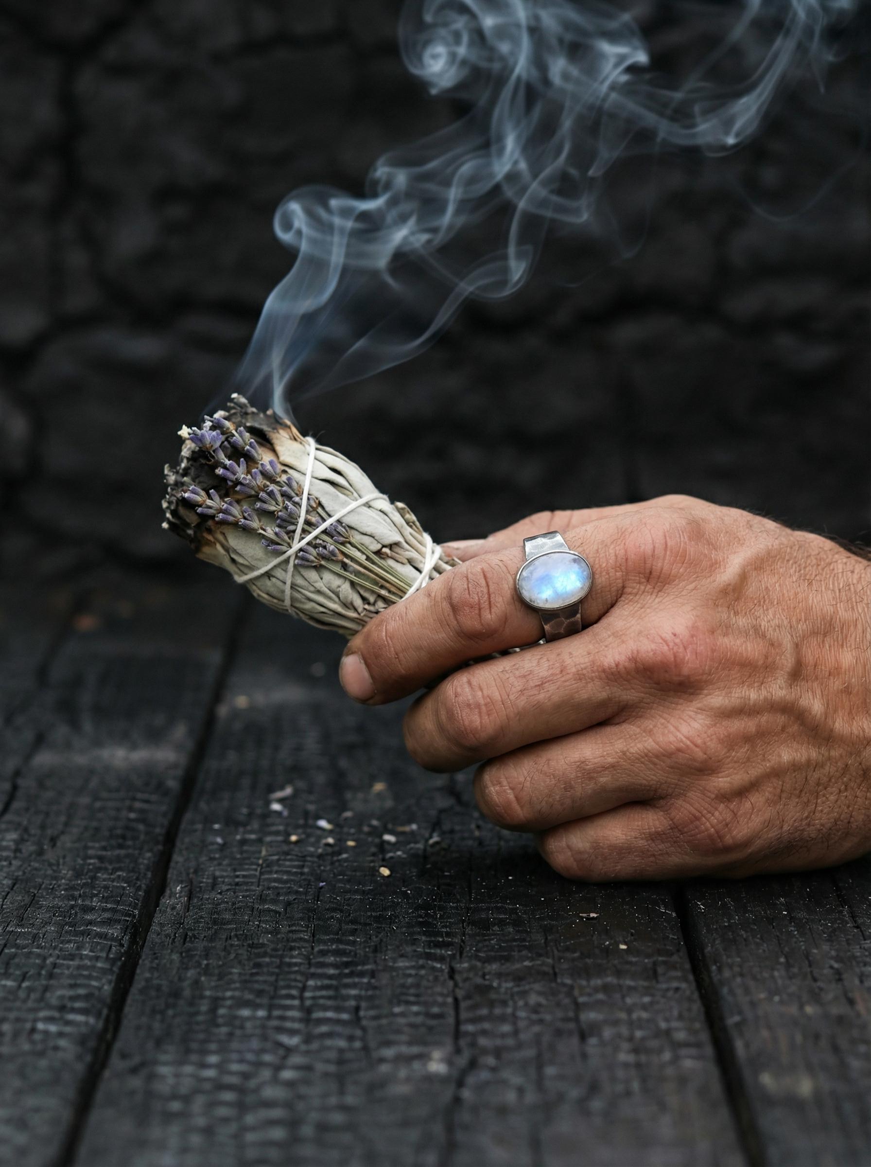 Blue Moonstone Ring, Hammered Oxidized 925 Sterling Silver, Size 8