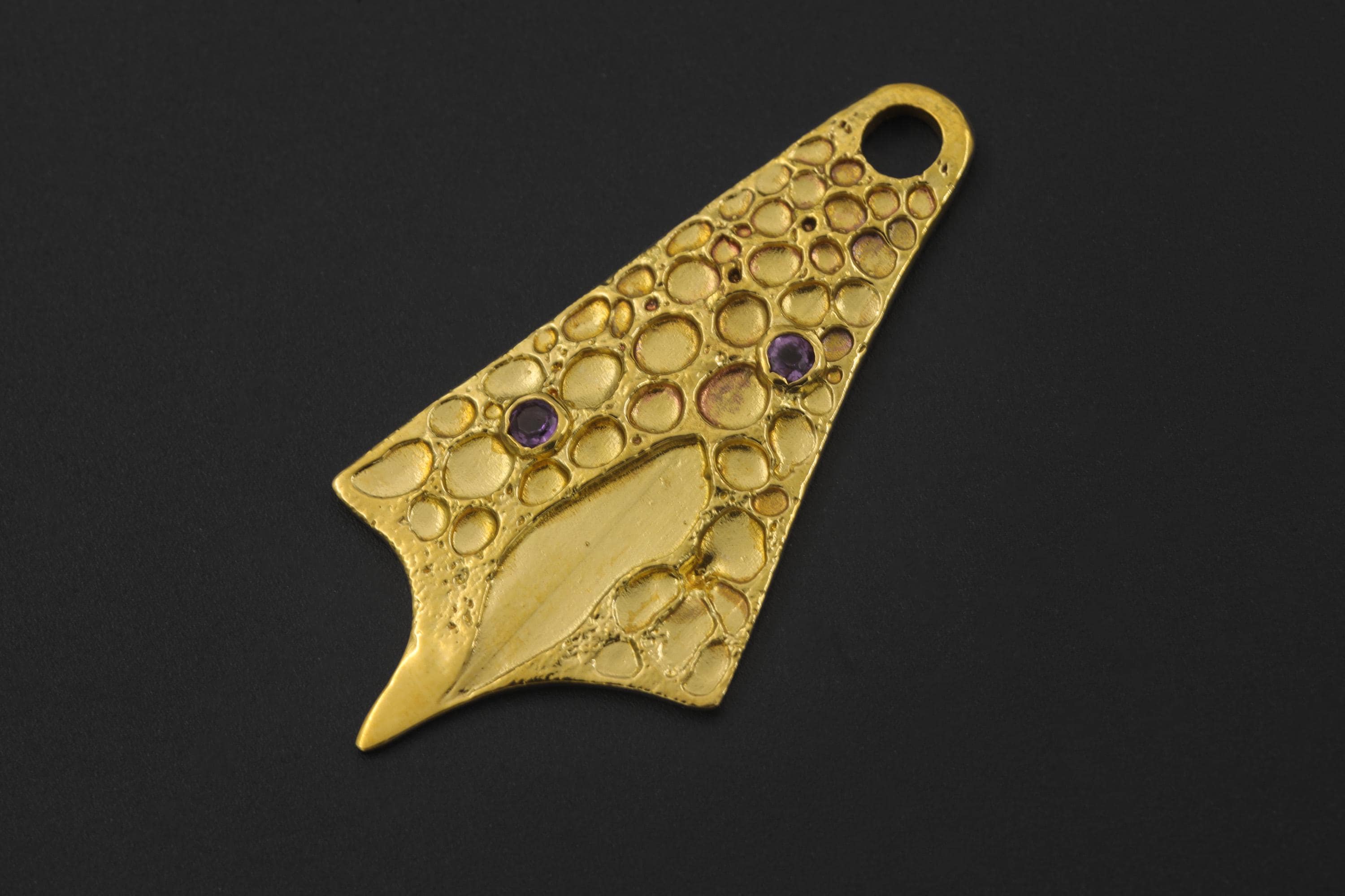 18k Gold Plated Cast Pendant, Textured Amethyst Talisman Necklace