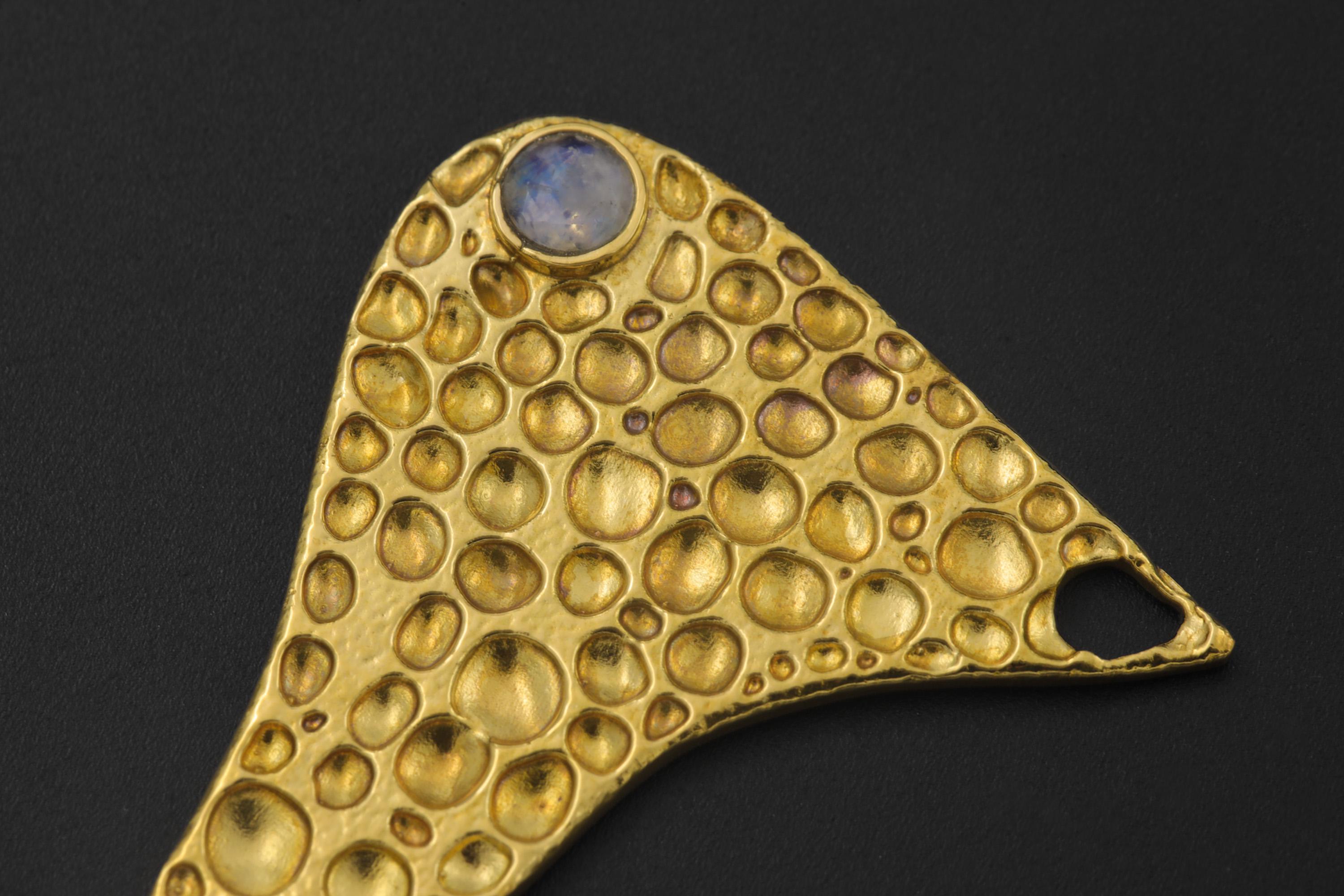 Golden Brass Spoon Pendant: Blue Moonstone Talisman, Wearable Ritual Tool