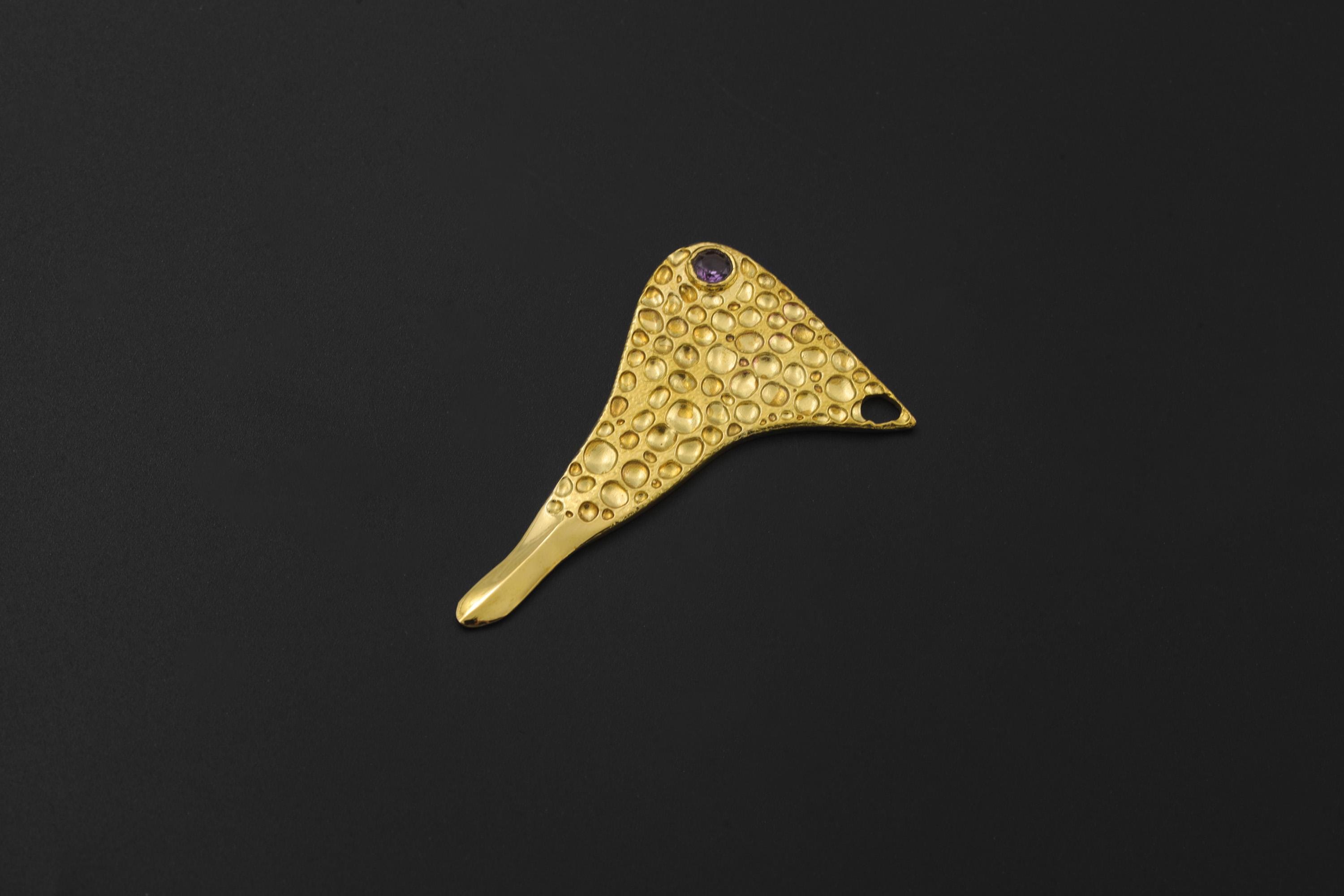Gold Plated Spoon Pendant Amethyst Cast Brass Necklace Ritual Tool Crown Chakra Sculptural Jewelry Gift