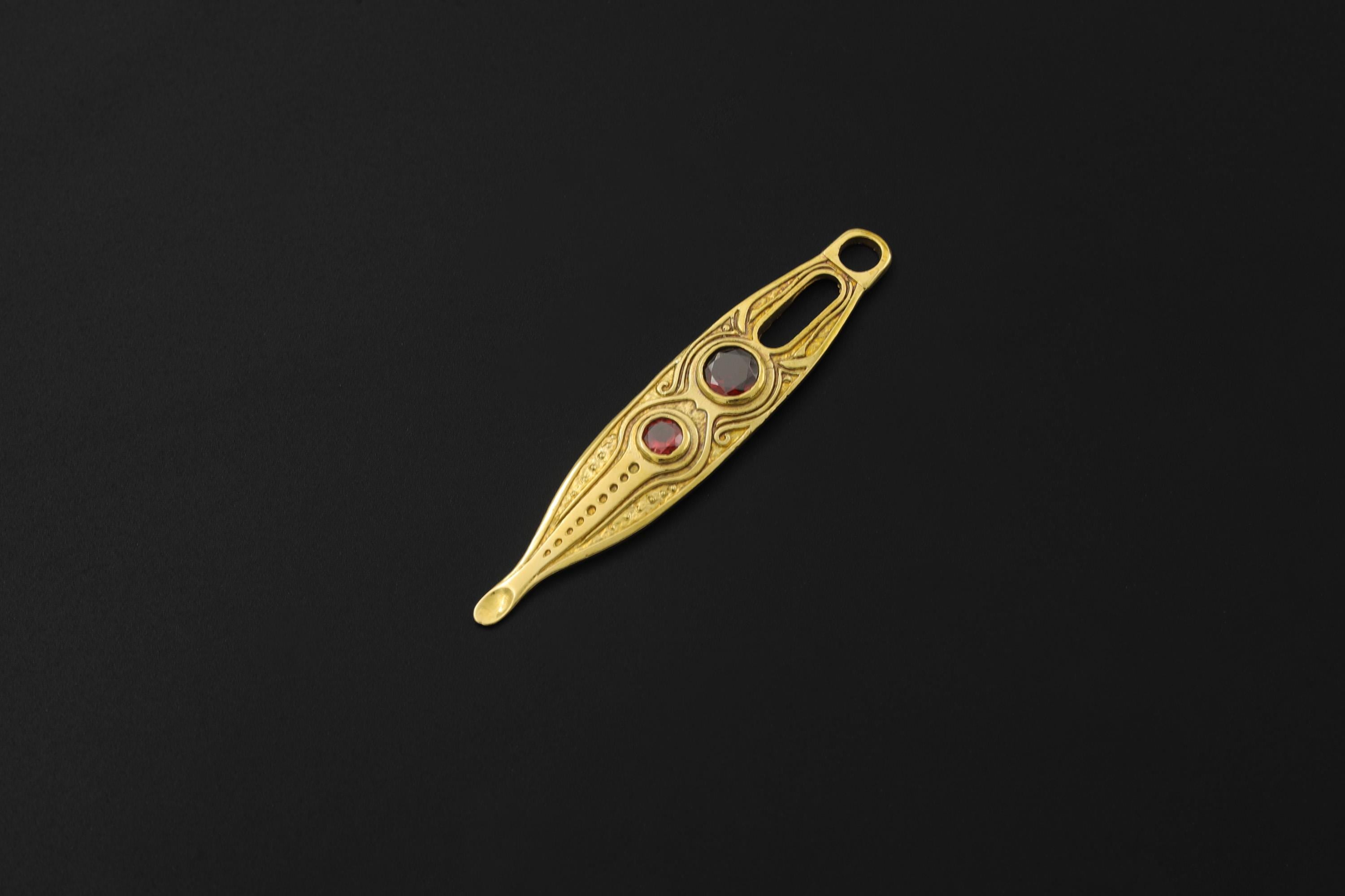 Gold Plated Brass Spoon Pendant, Faceted Red Garnet, Ritual Talisman Jewelry