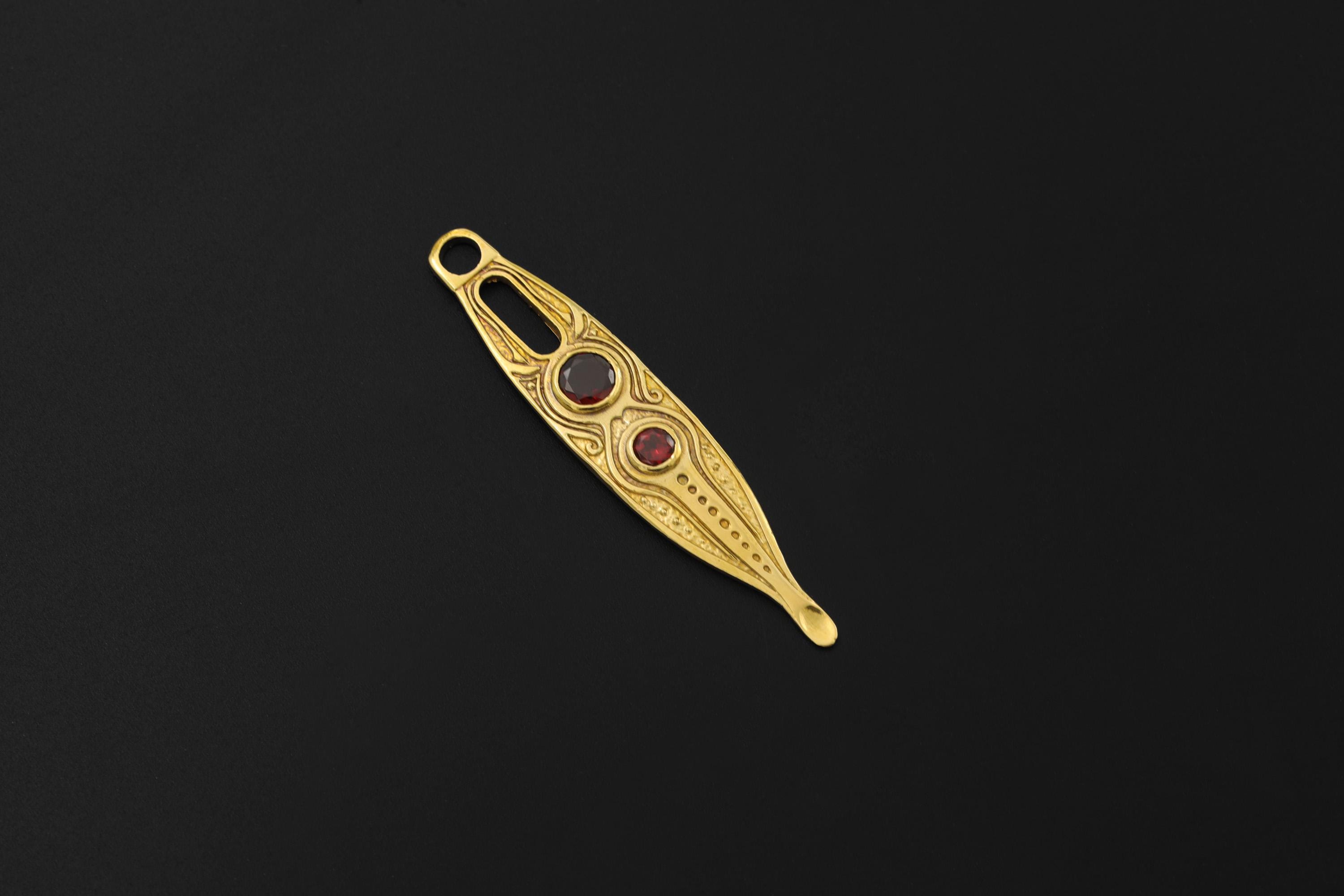 Gold Plated Brass Spoon Pendant, Faceted Red Garnet, Ritual Talisman Jewelry