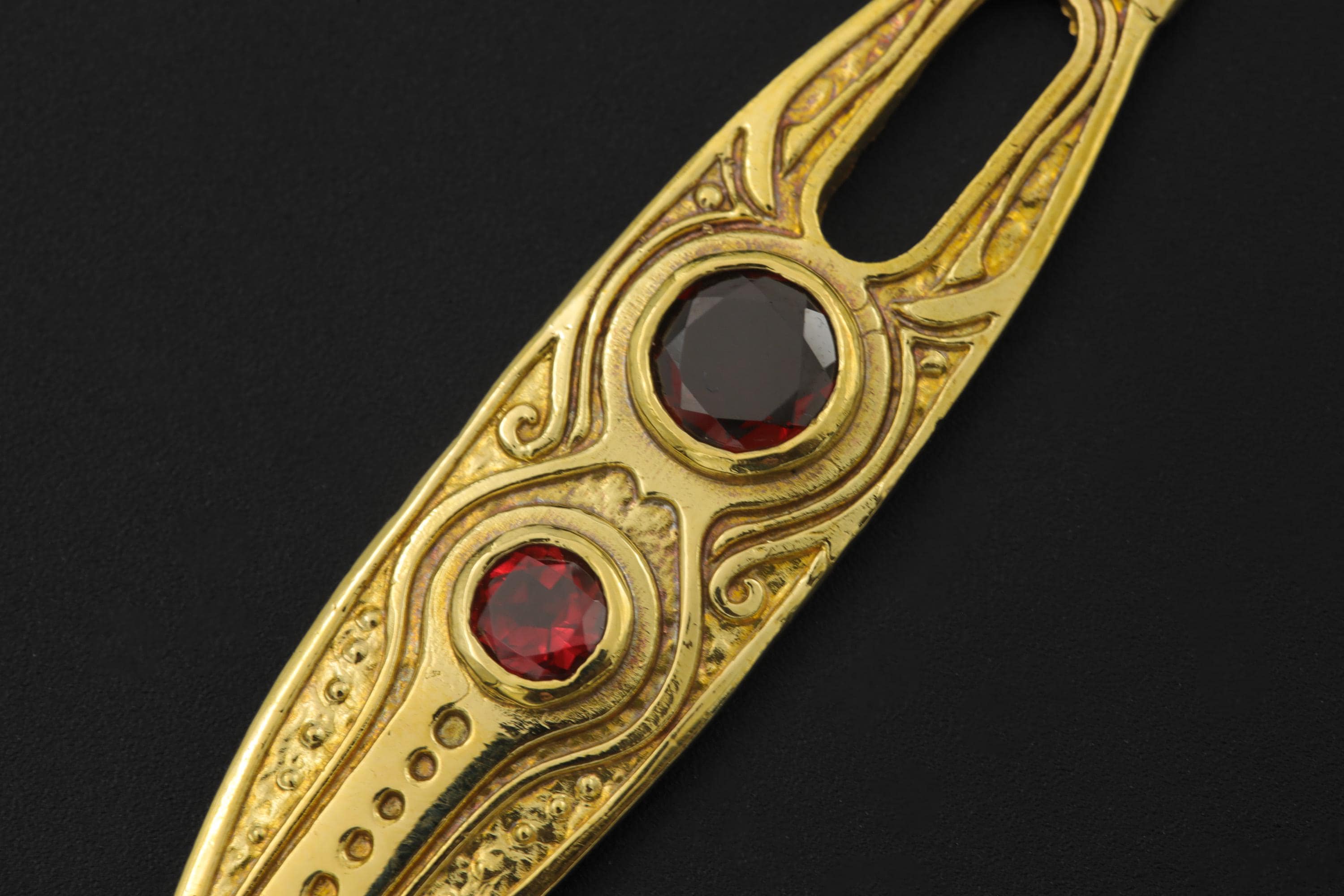 Gold Plated Brass Spoon Pendant, Faceted Red Garnet, Ritual Talisman Jewelry