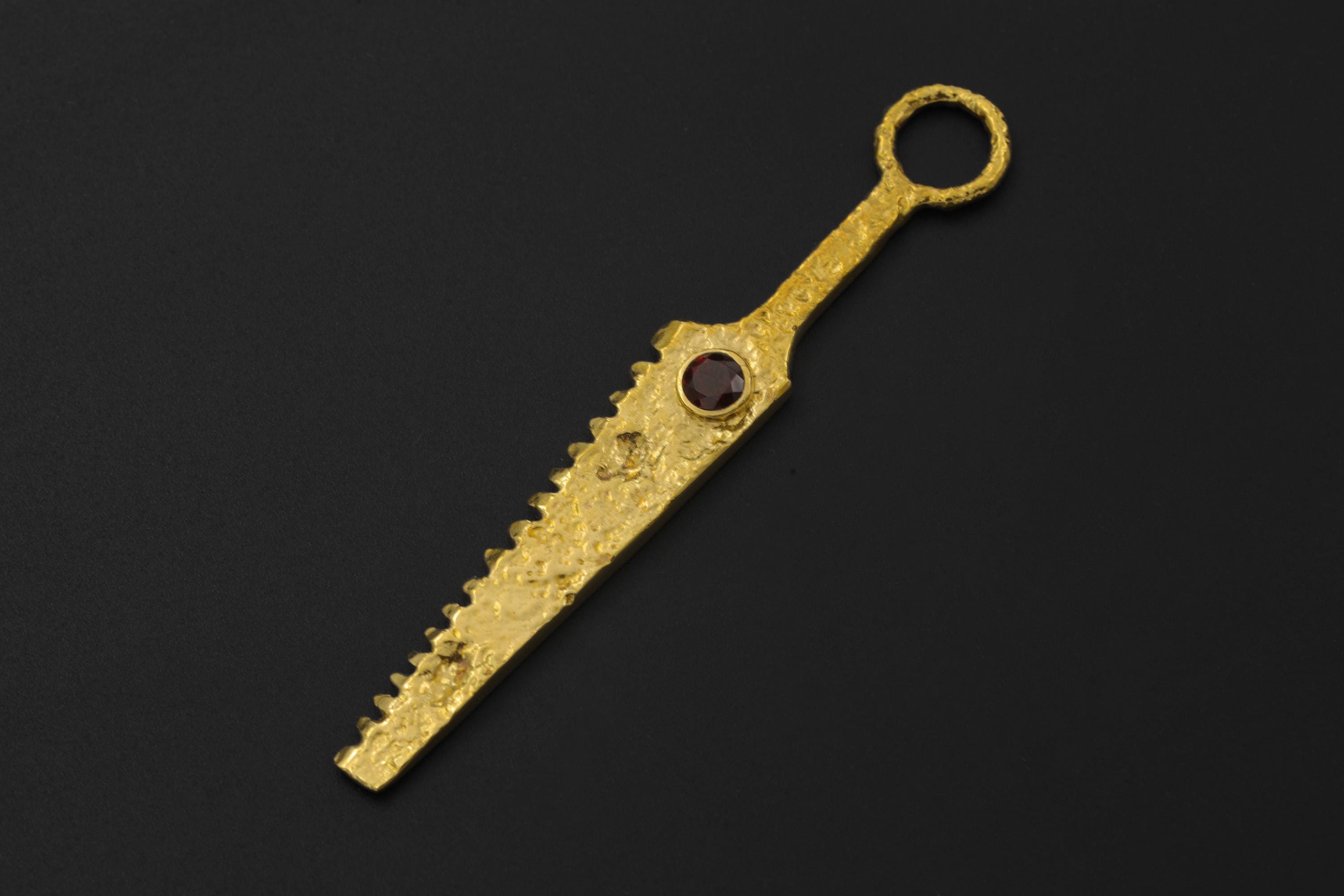 Faceted Garnet Cutter Spoon, 18k Gold Plated Brass Pendant, Ritual Spice Tool, Sculptural Jewelry Gift
