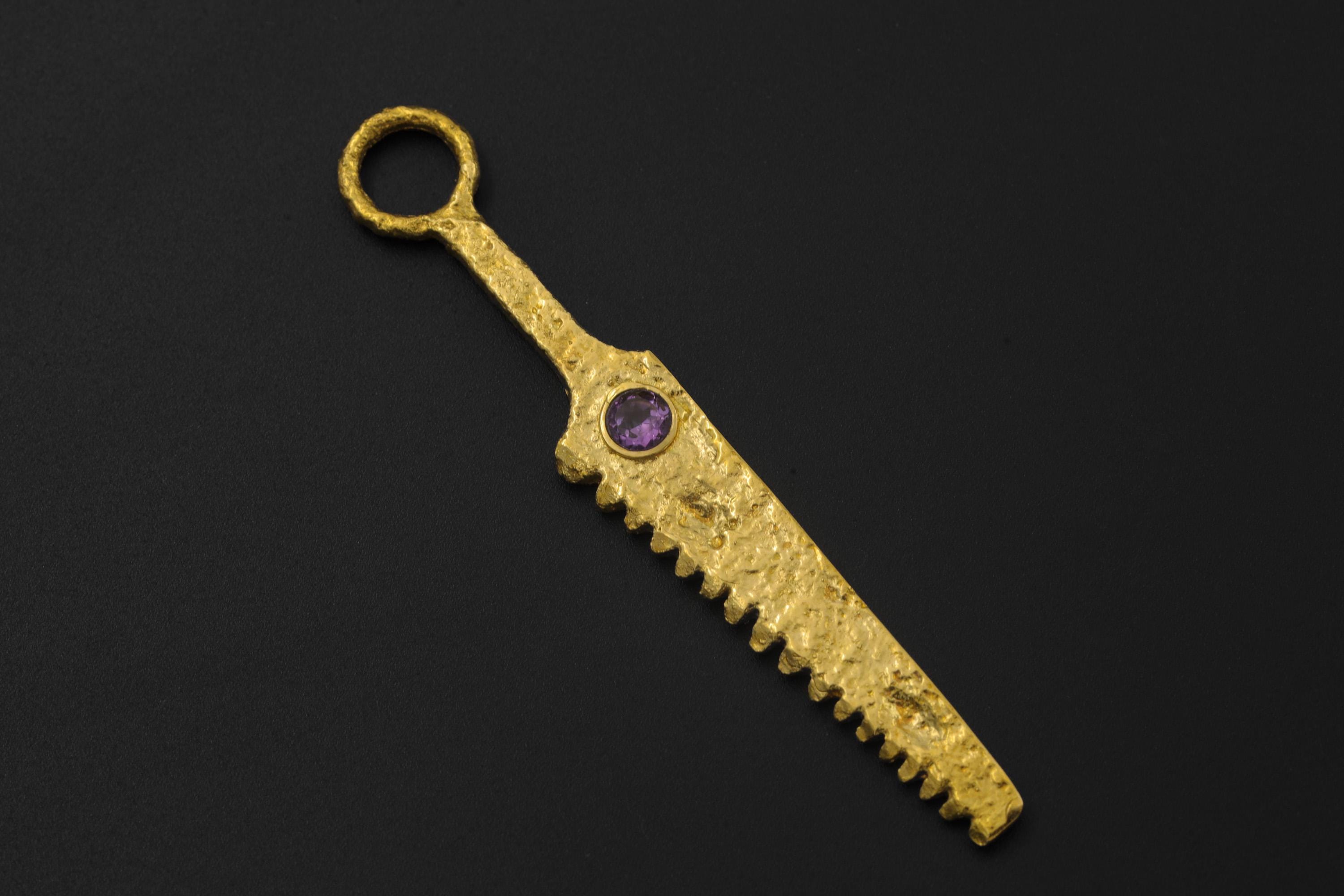 18k Gold Plated Brass Cutter Spoon Pendant, Faceted Amethyst Talisman, Ritual Jewelry