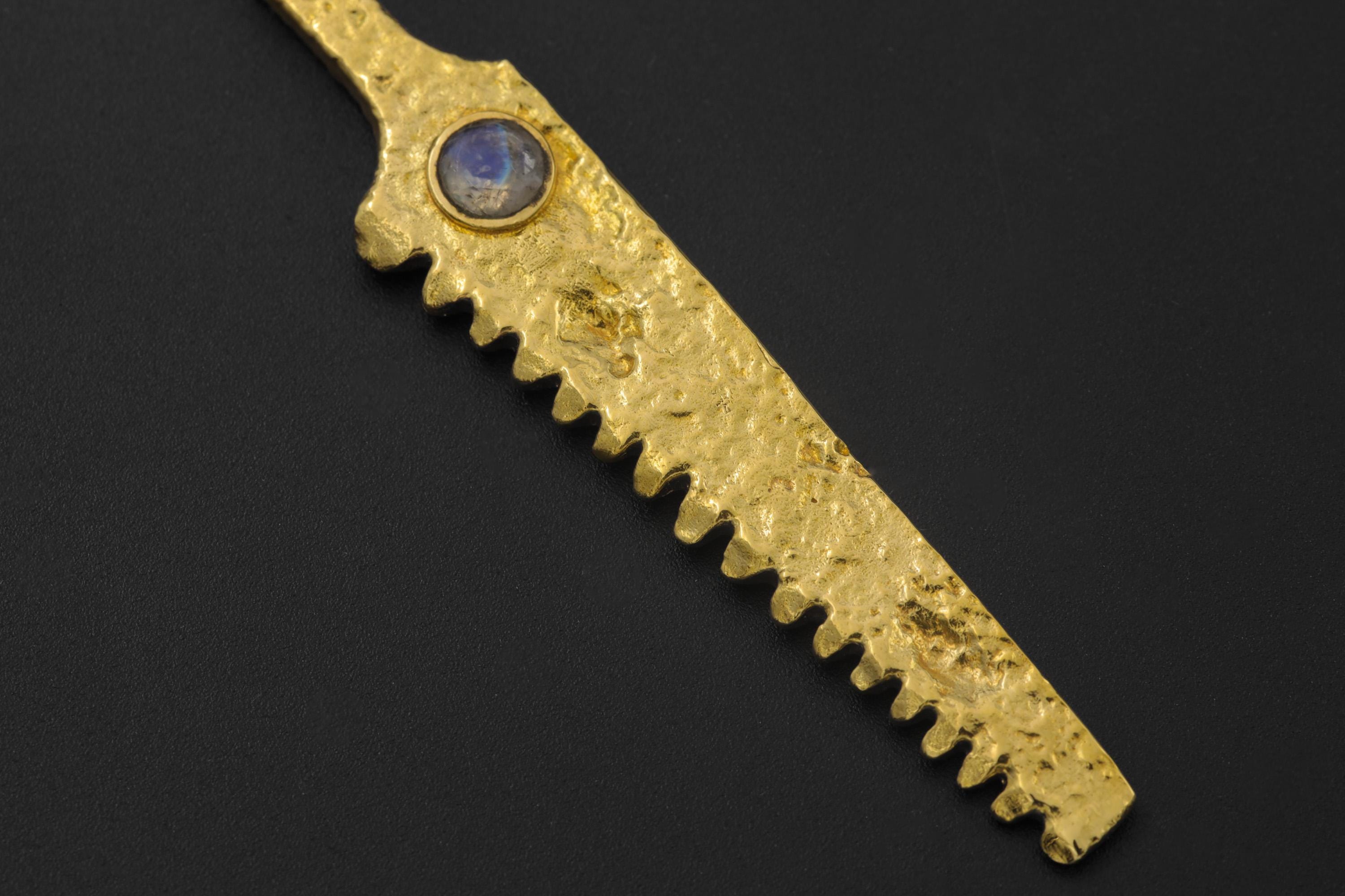 18k Gold Plated Brass Cutter Spoon Pendant, Blue Moonstone Ritual Talisman