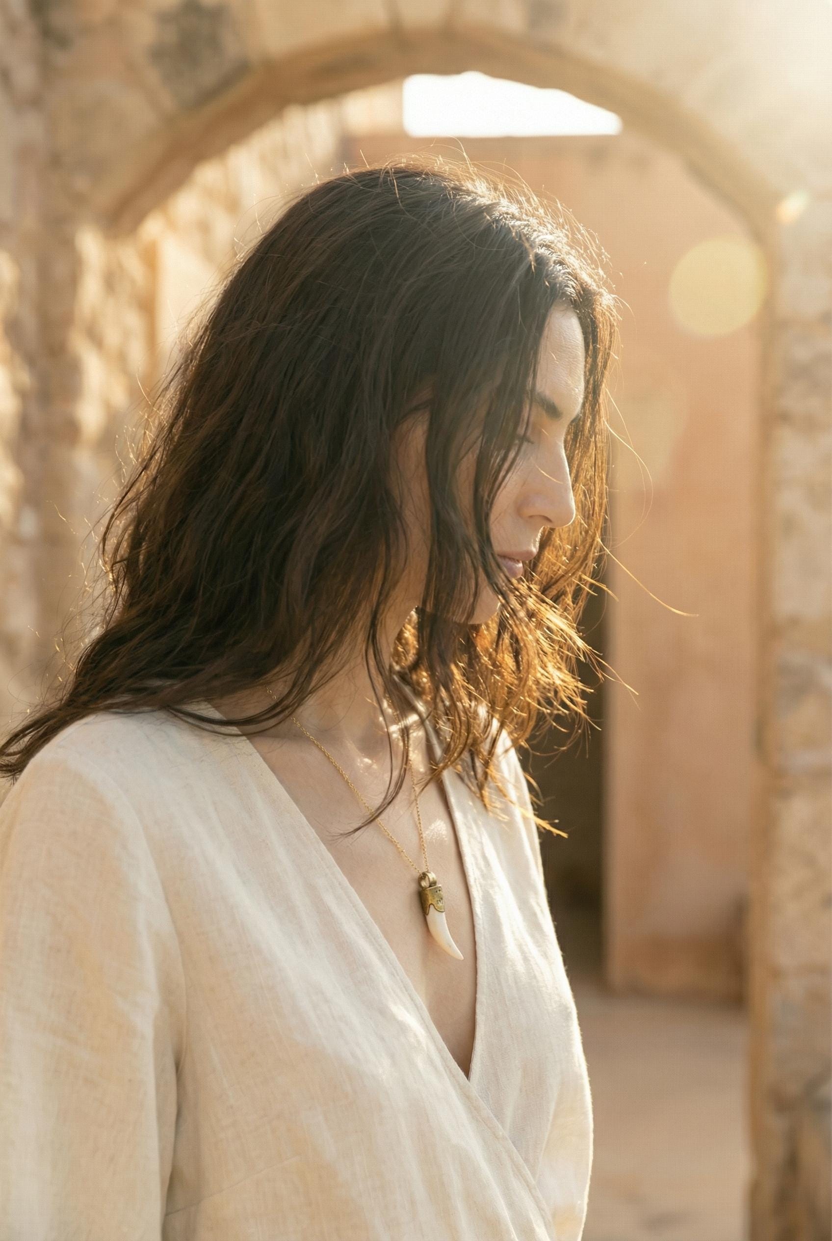 Vintage Tooth - Hammer Textured - Pivoting Brass Pin bail - One Fang Pendant