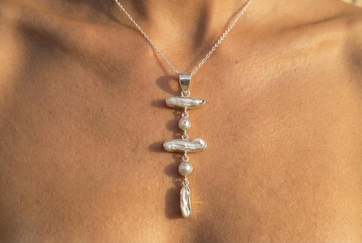 Dangling Moonstone Pearl Pendant: Hammered Sterling Silver Cascade