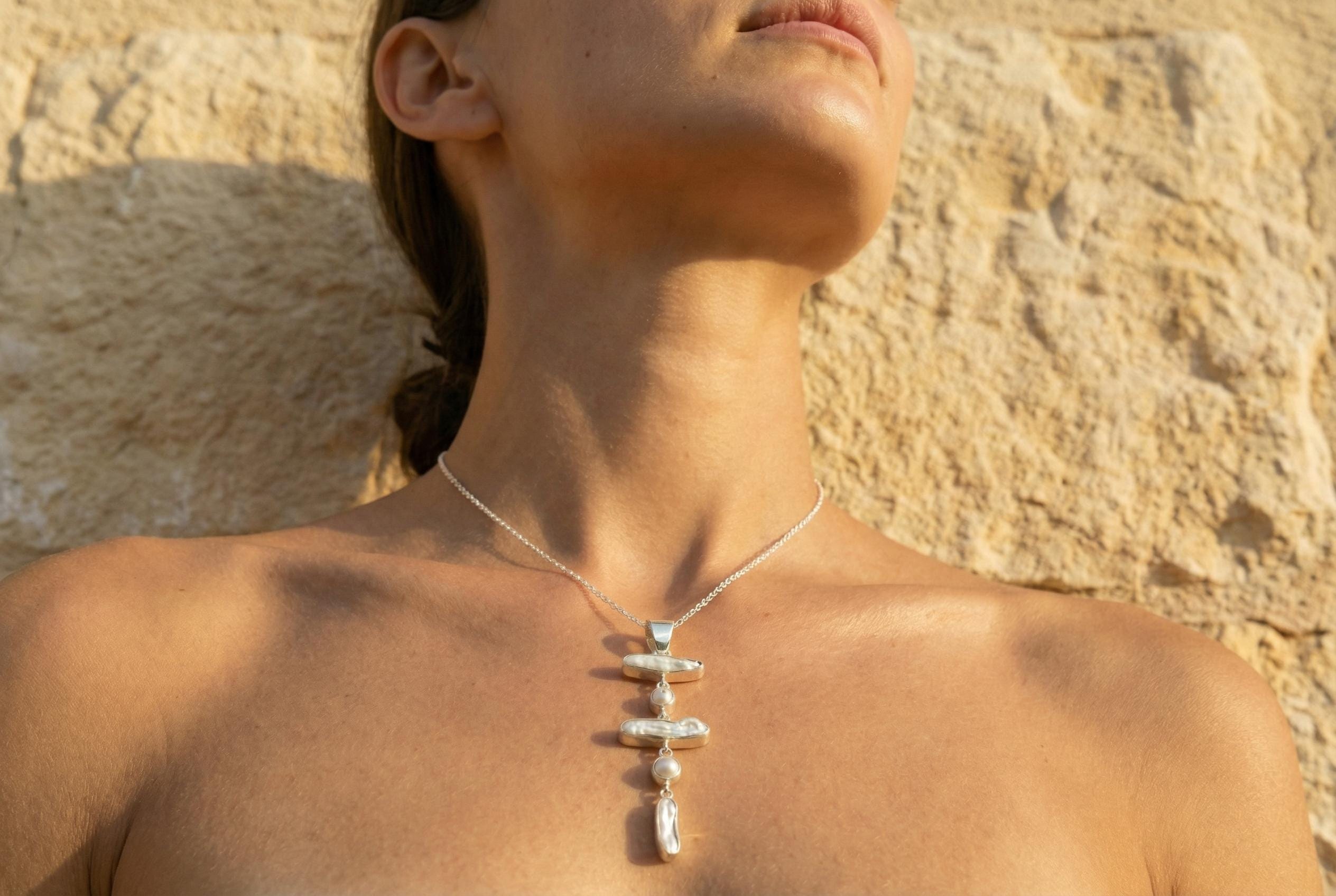 Dangling Moonstone Pearl Pendant: Hammered Sterling Silver Cascade