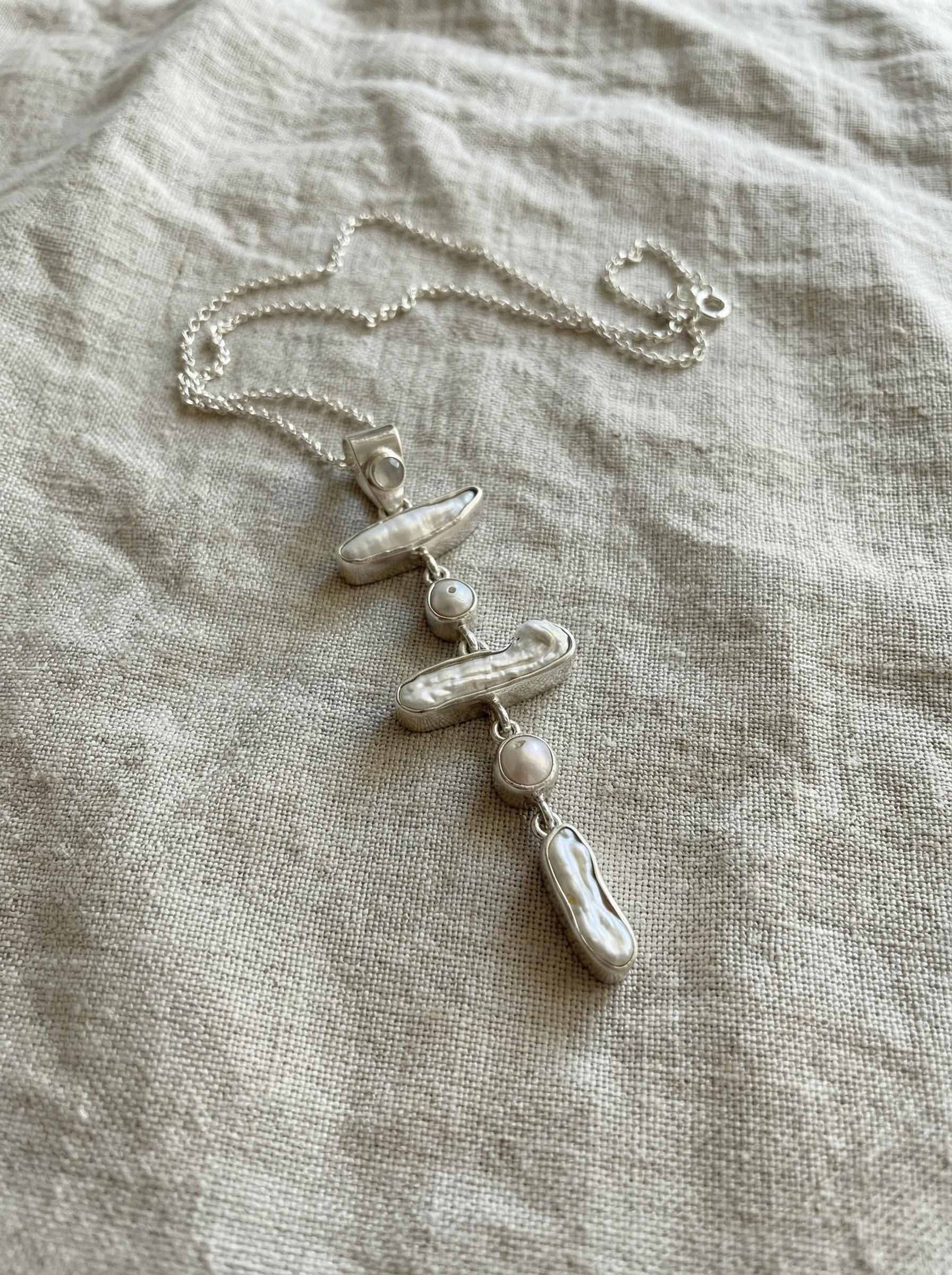 Dangling Moonstone Pearl Pendant: Hammered Sterling Silver Cascade