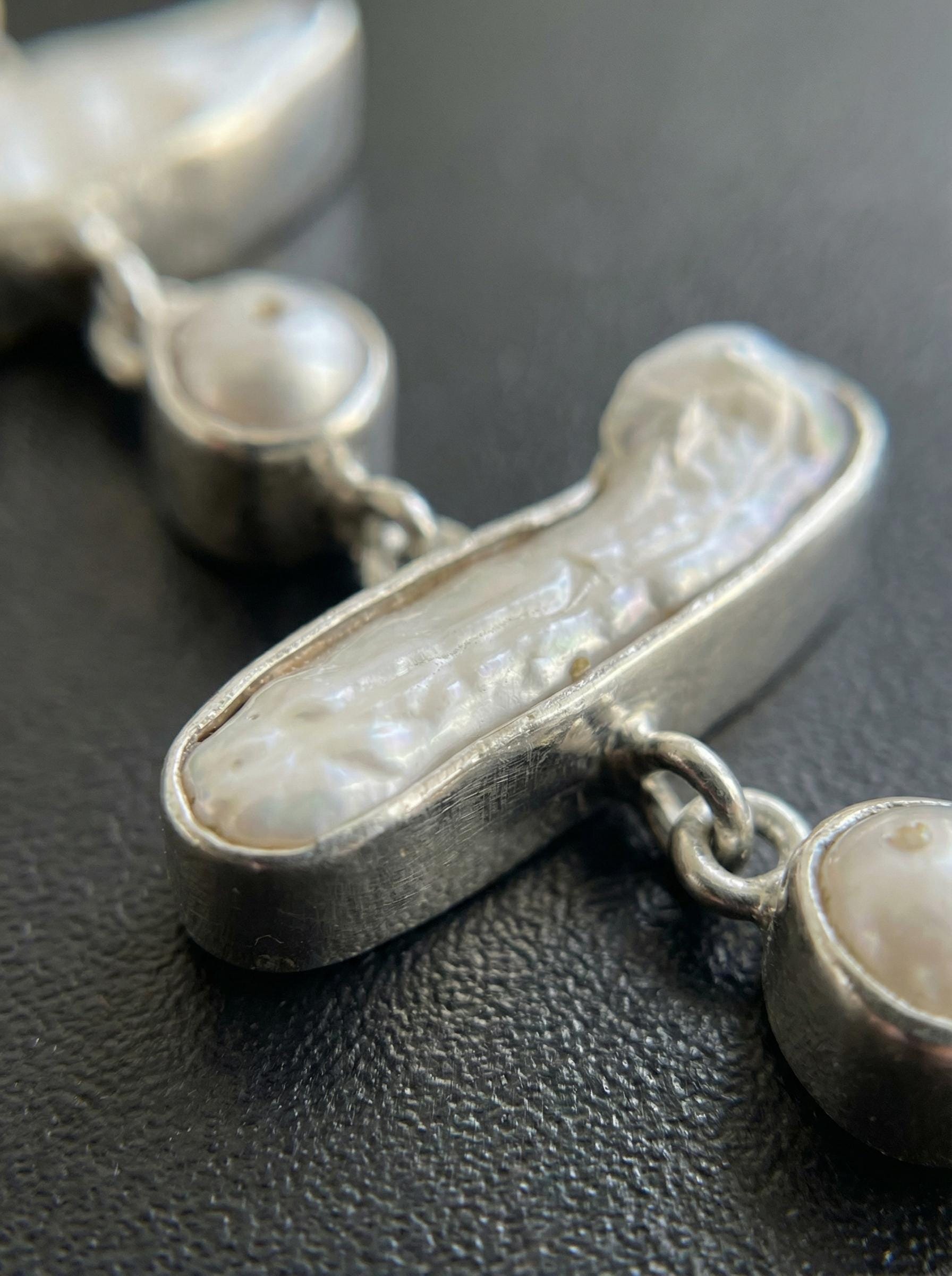 Dangling Moonstone Pearl Pendant: Hammered Sterling Silver Cascade