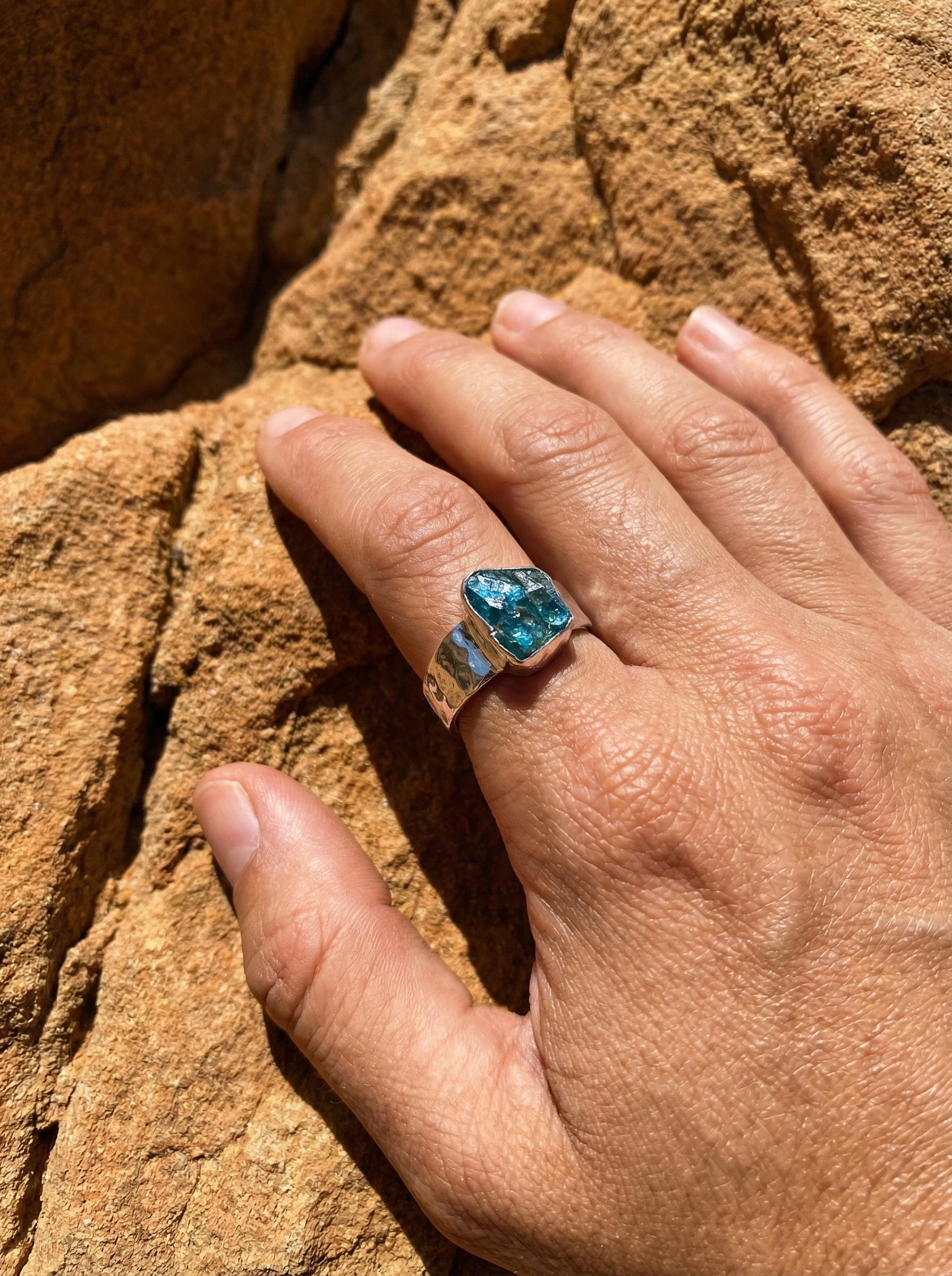 Apatite Ring 925 Sterling Silver Semi Rough Blue Crystal Textured Band Throat Chakra Gemini Handmade Gemstone Jewelry