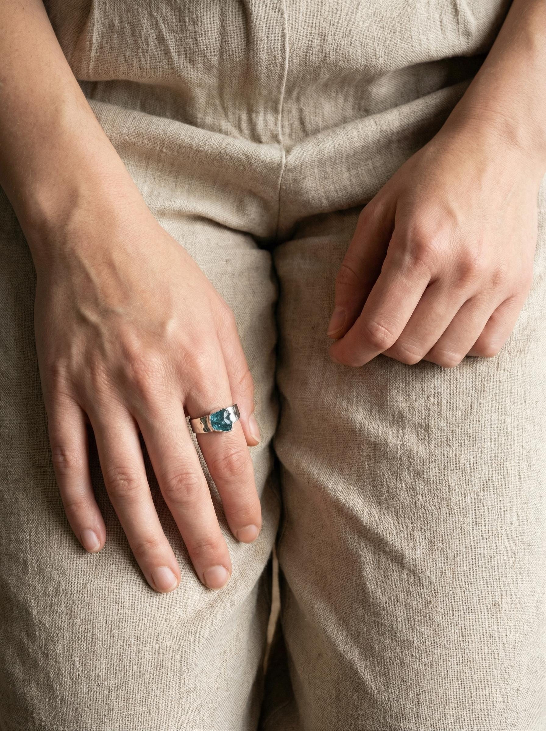 Apatite Ring 925 Sterling Silver Semi Rough Blue Crystal Textured Band Throat Chakra Gemini Handmade Gemstone Jewelry