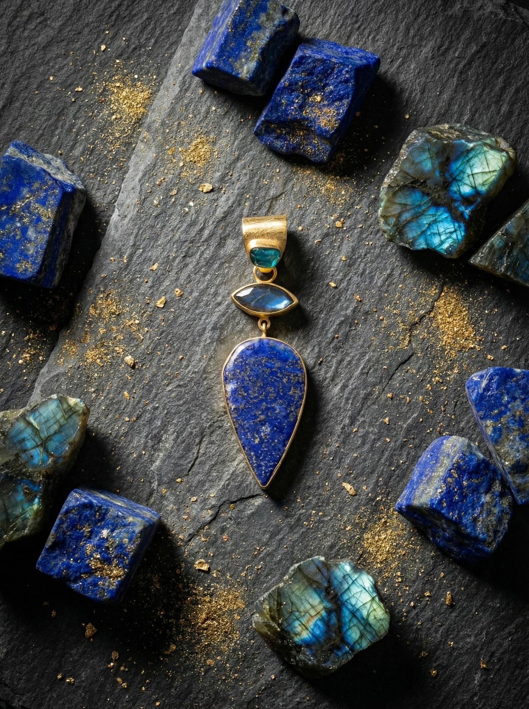 Apatite Labradorite Lapis Lazuli Pendant, 18K Gold Plated Silver