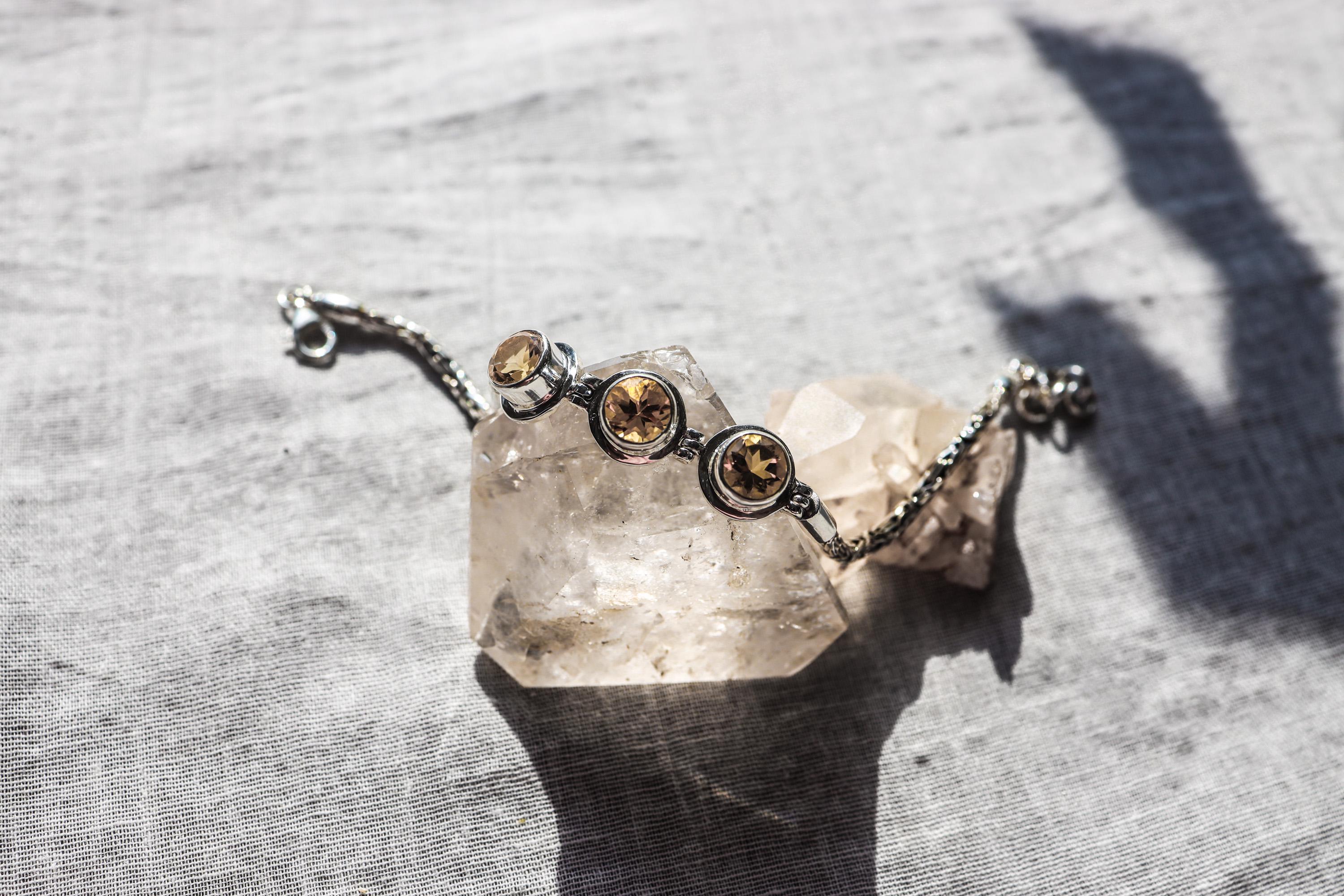 Faceted Citrine Sterling Silver Bracelet, Byzantine Chain, Adjustable