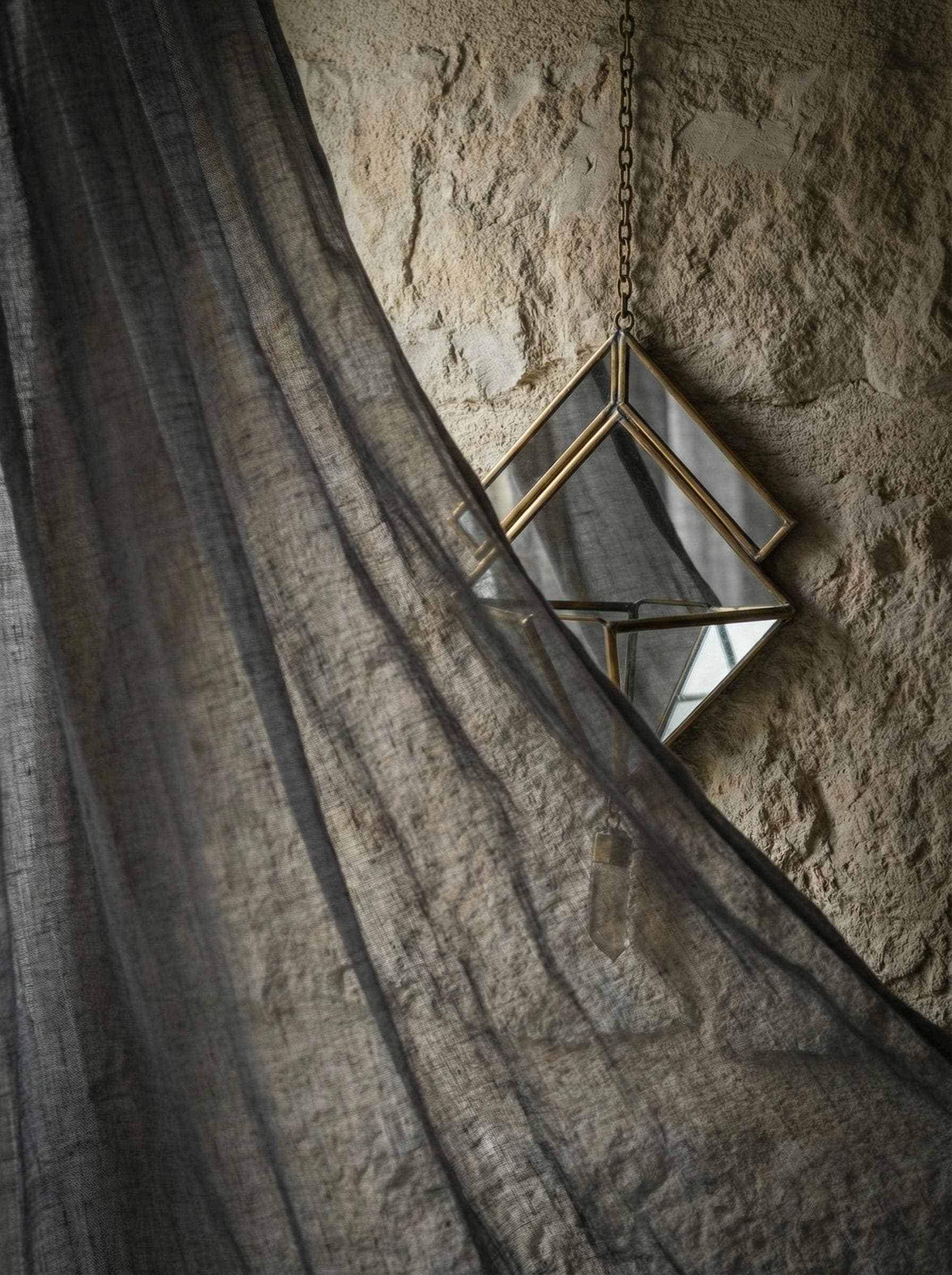 Quartz Reliquary Hanging Decoration, Geometric Mirror Brass Ornament, Raw Crystal Point, Sacred Home Decor, Boho Wall Hanging