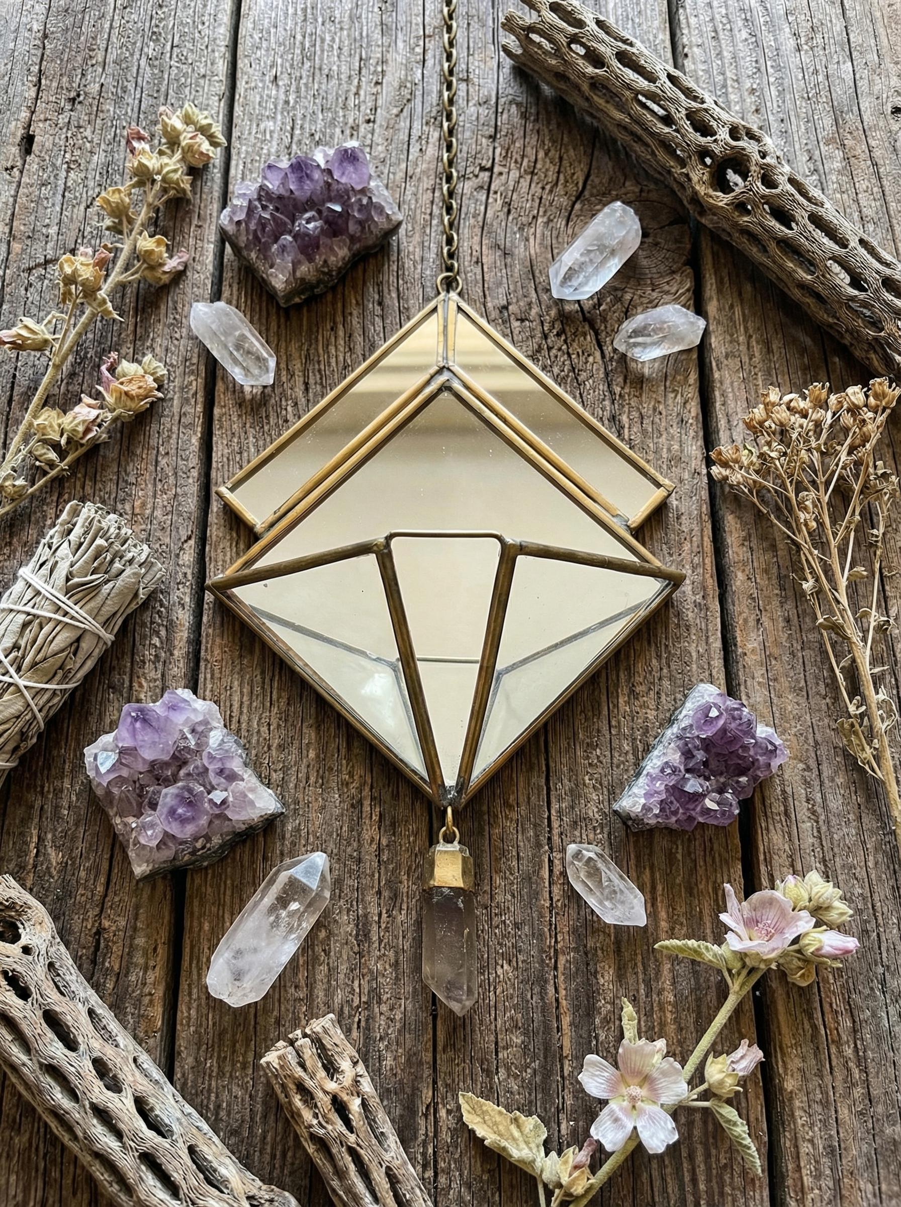 Quartz Reliquary Hanging Decoration, Geometric Mirror Brass Ornament, Raw Crystal Point, Sacred Home Decor, Boho Wall Hanging