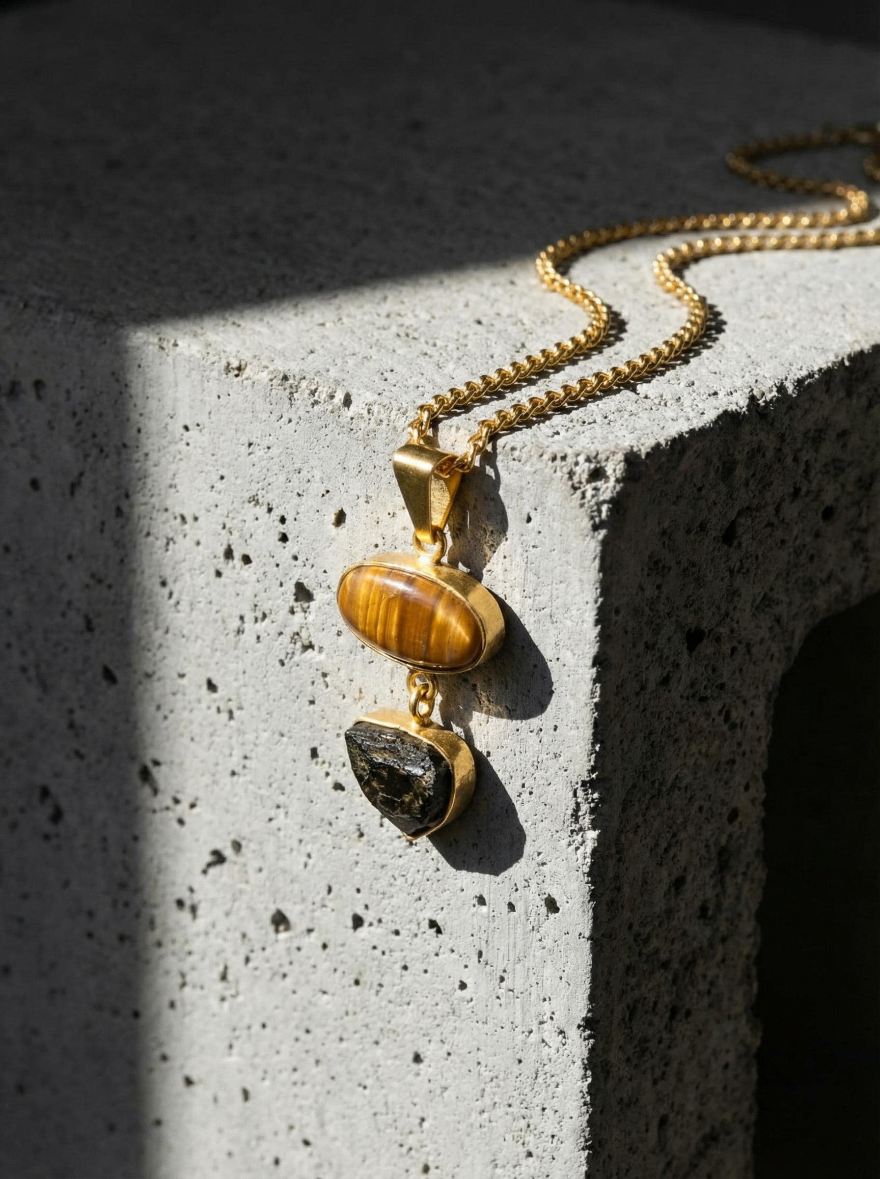 Golden Rutile & Dravite Brown Tourmaline Pendant, 18K Gold Plated 925 Silver, Brushed Textured Talisman, Chakra Energy, Handmade Jewelry