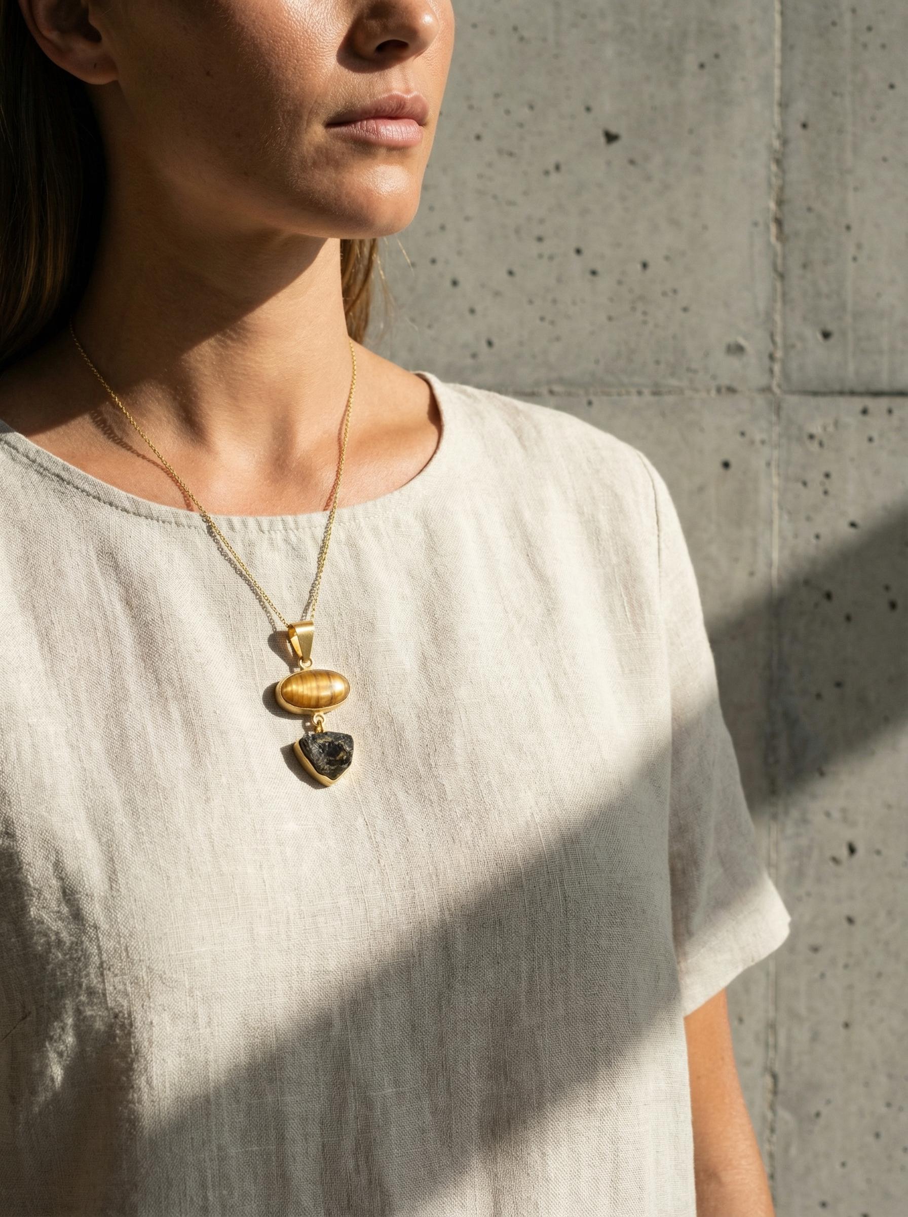 Golden Rutile & Dravite Brown Tourmaline Pendant, 18K Gold Plated 925 Silver, Brushed Textured Talisman, Chakra Energy, Handmade Jewelry