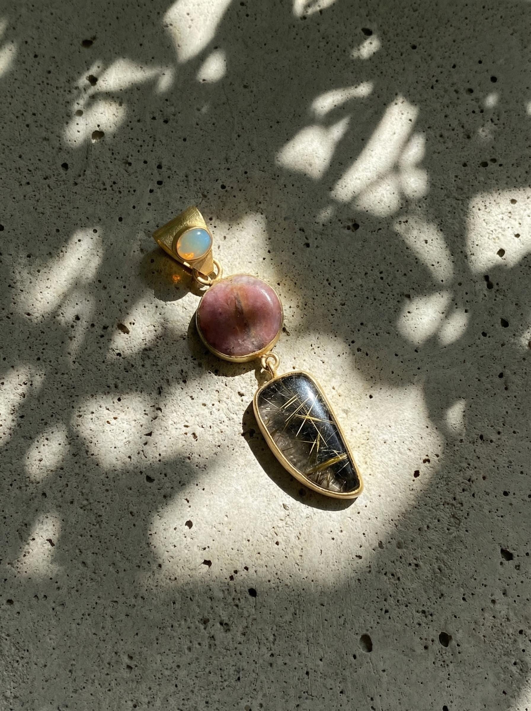 Australian Opal Rhodochrosite Rutilated Quartz Pendant, 18K Gold Plated Silver