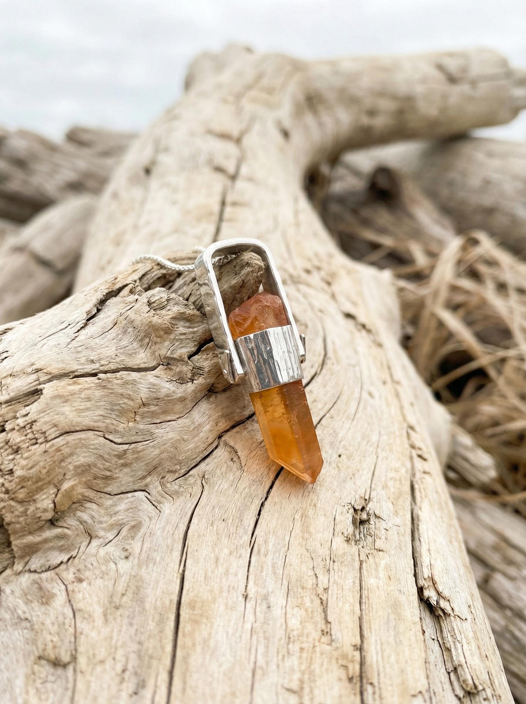 Australian Lemurian Quartz Pendant 925 Sterling Silver Hammered Cap Orange Crystal Point Crown Chakra Gift
