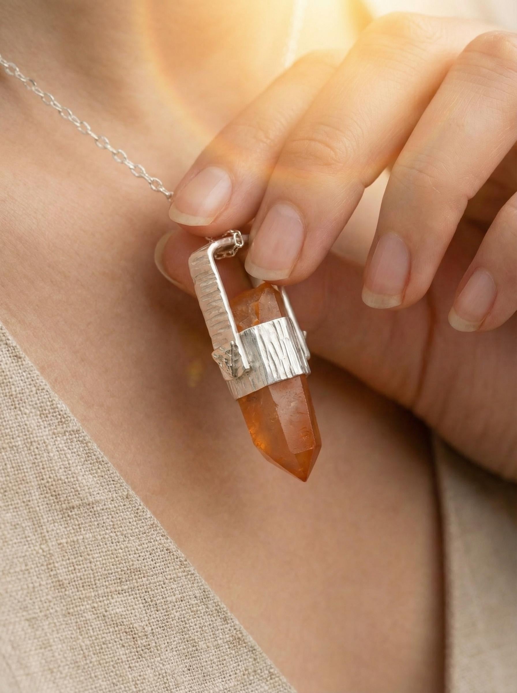 Orange Lithium Lemurian Quartz Pendant, Hammered 925 Silver