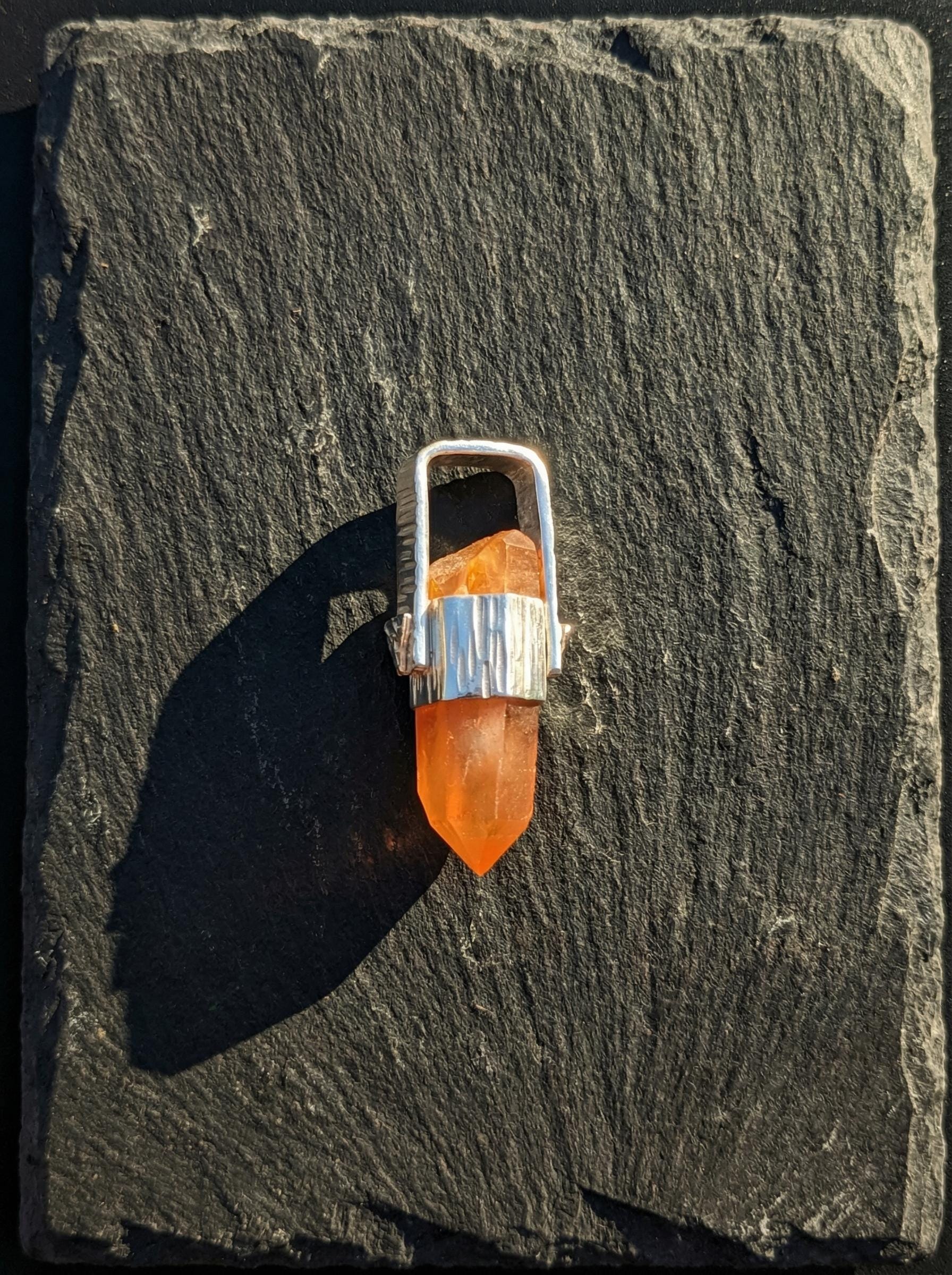Orange Lithium Lemurian Quartz Pendant, Hammered 925 Silver