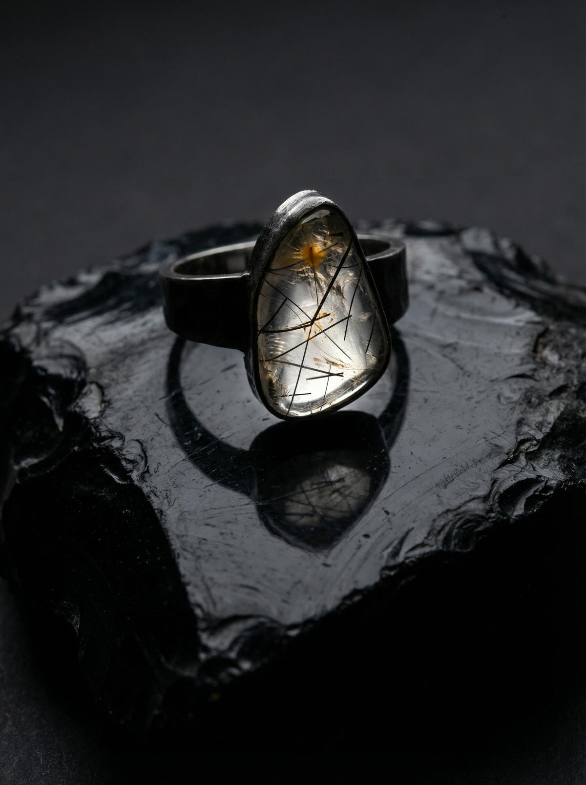 Men's Black Rutile Quartz Ring, Hammered Oxidized Sterling Silver, Size 12