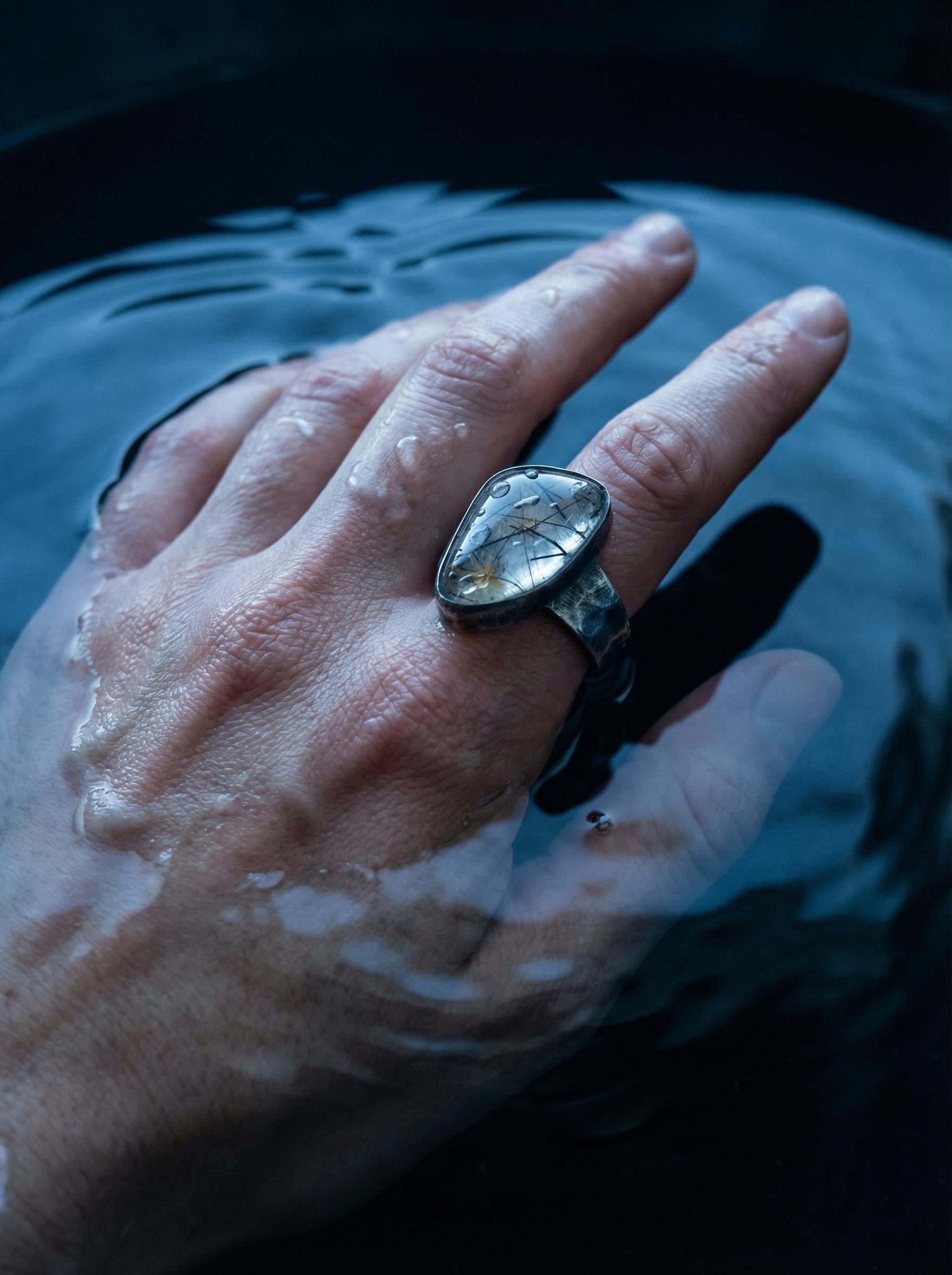 Men's Black Rutile Quartz Ring, Hammered Oxidized Sterling Silver, Size 12
