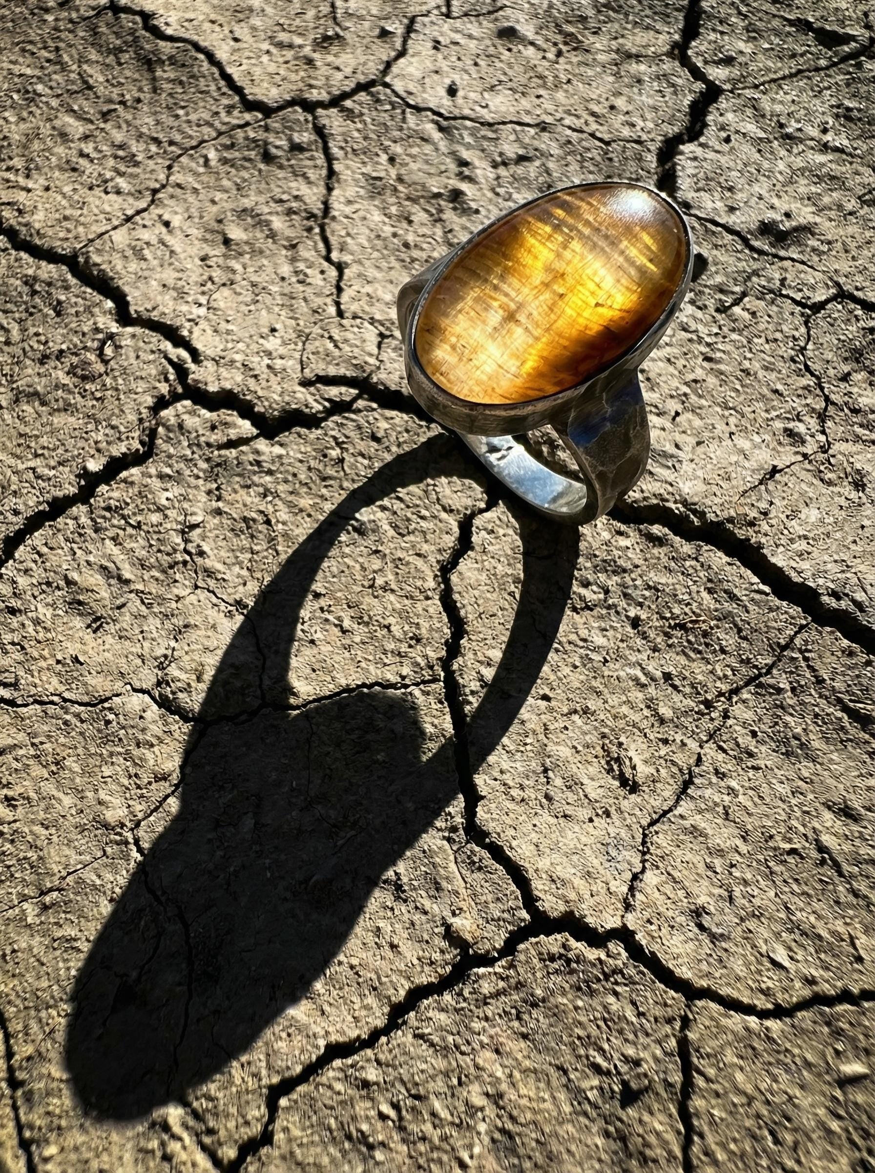 Golden Rutile Quartz Ring Sterling Silver Oxidized Hammered Band Clear Quartz Solar Plexus Talisman Gift Size 9 US
