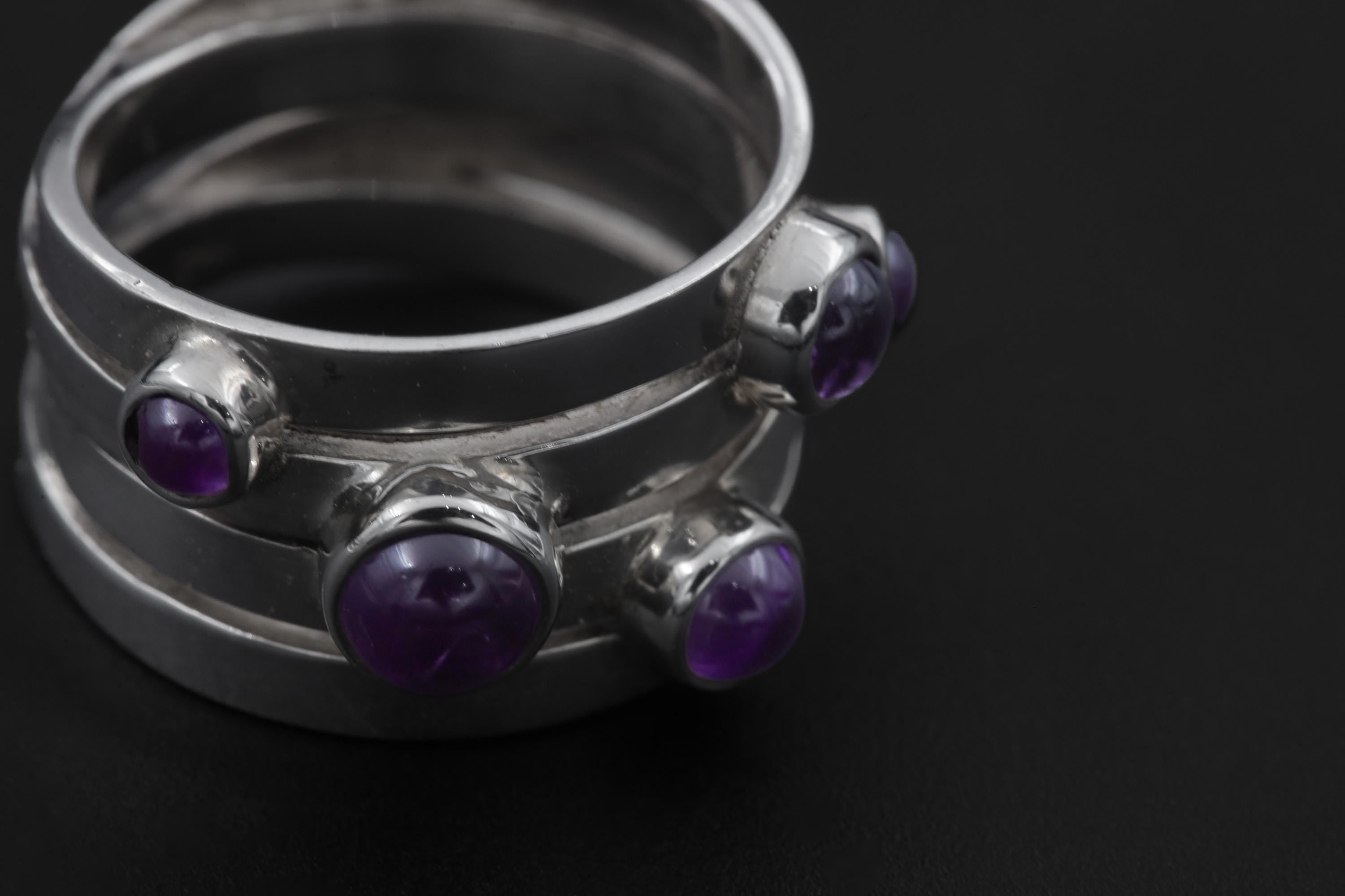 Amethyst Unity Ring 925 Sterling Silver Five Stone Cabochon Ring High Shine Statement Jewelry Crown Chakra Gift size 6 US