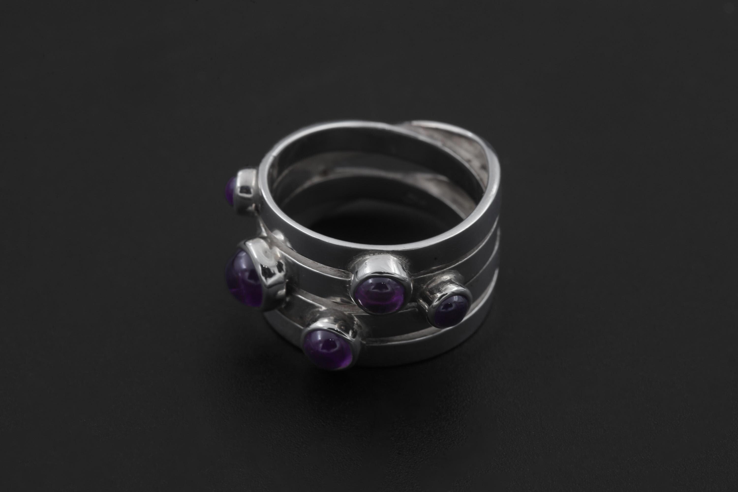 Amethyst Unity Ring 925 Sterling Silver Five Stone Cabochon Ring High Shine Statement Jewelry Crown Chakra Gift size 6 US