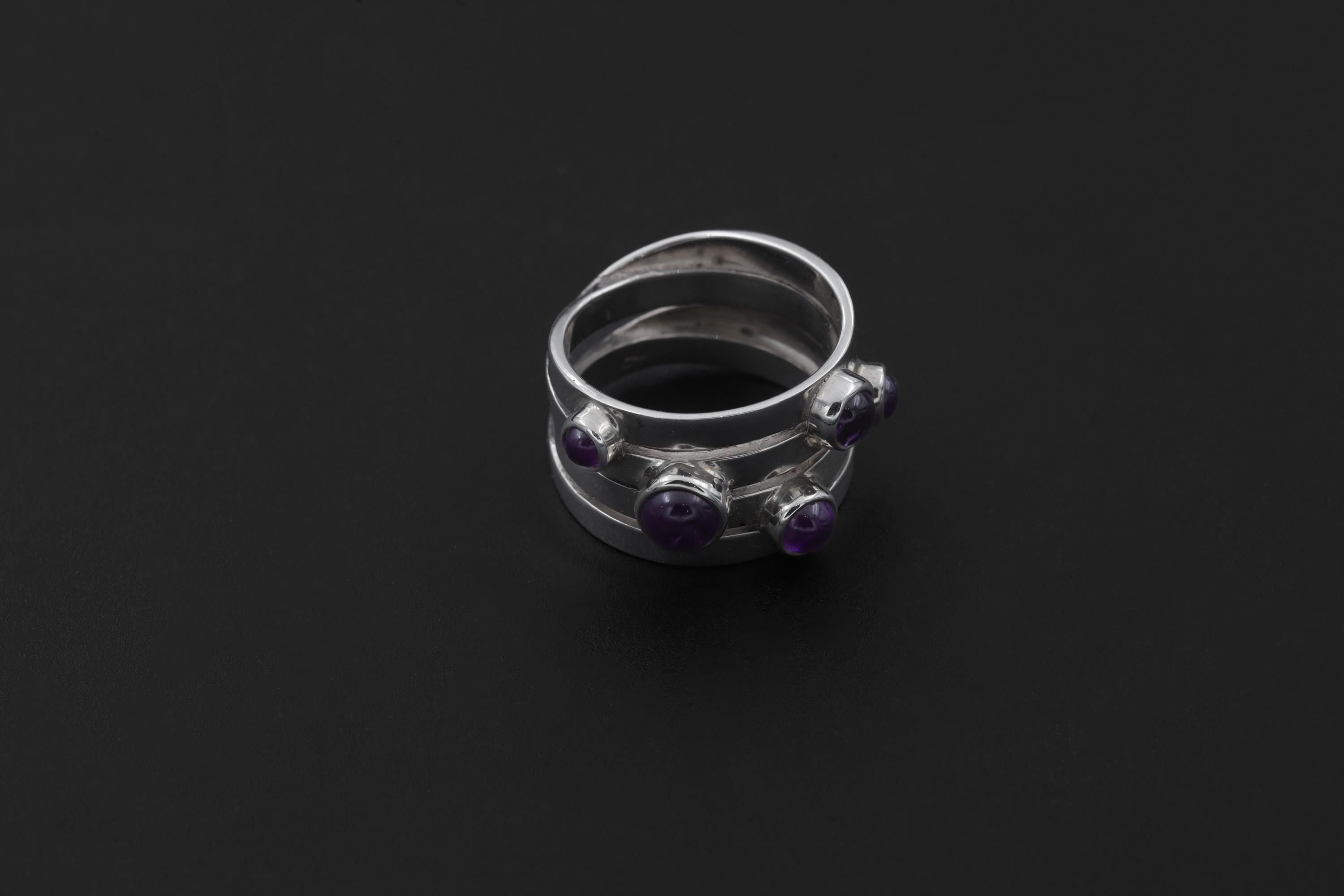 Amethyst Unity Ring 925 Sterling Silver Five Stone Cabochon Ring High Shine Statement Jewelry Crown Chakra Gift size 6 US