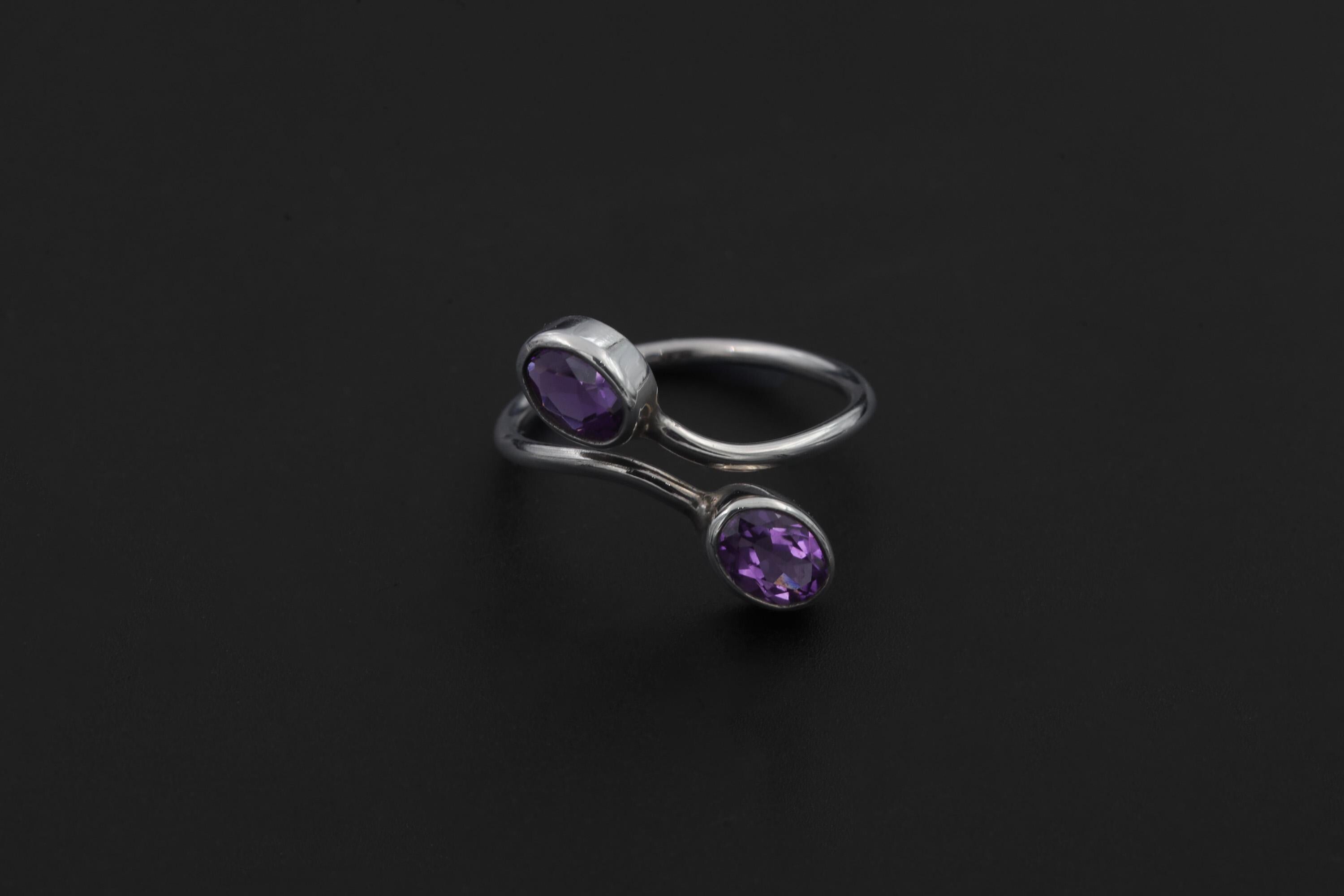 Twin Amethyst Ring Sterling Silver Adjustable Open Band Faceted Oval Purple Quartz Pisces Aquarius Gift