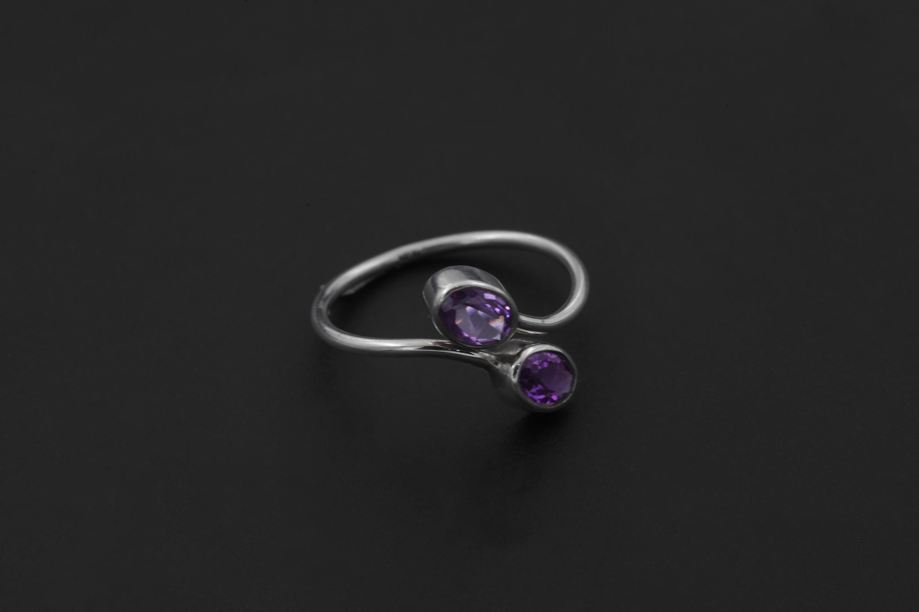Twin Amethyst Ring Sterling Silver Adjustable Open Band Faceted Oval Purple Quartz Pisces Aquarius Gift