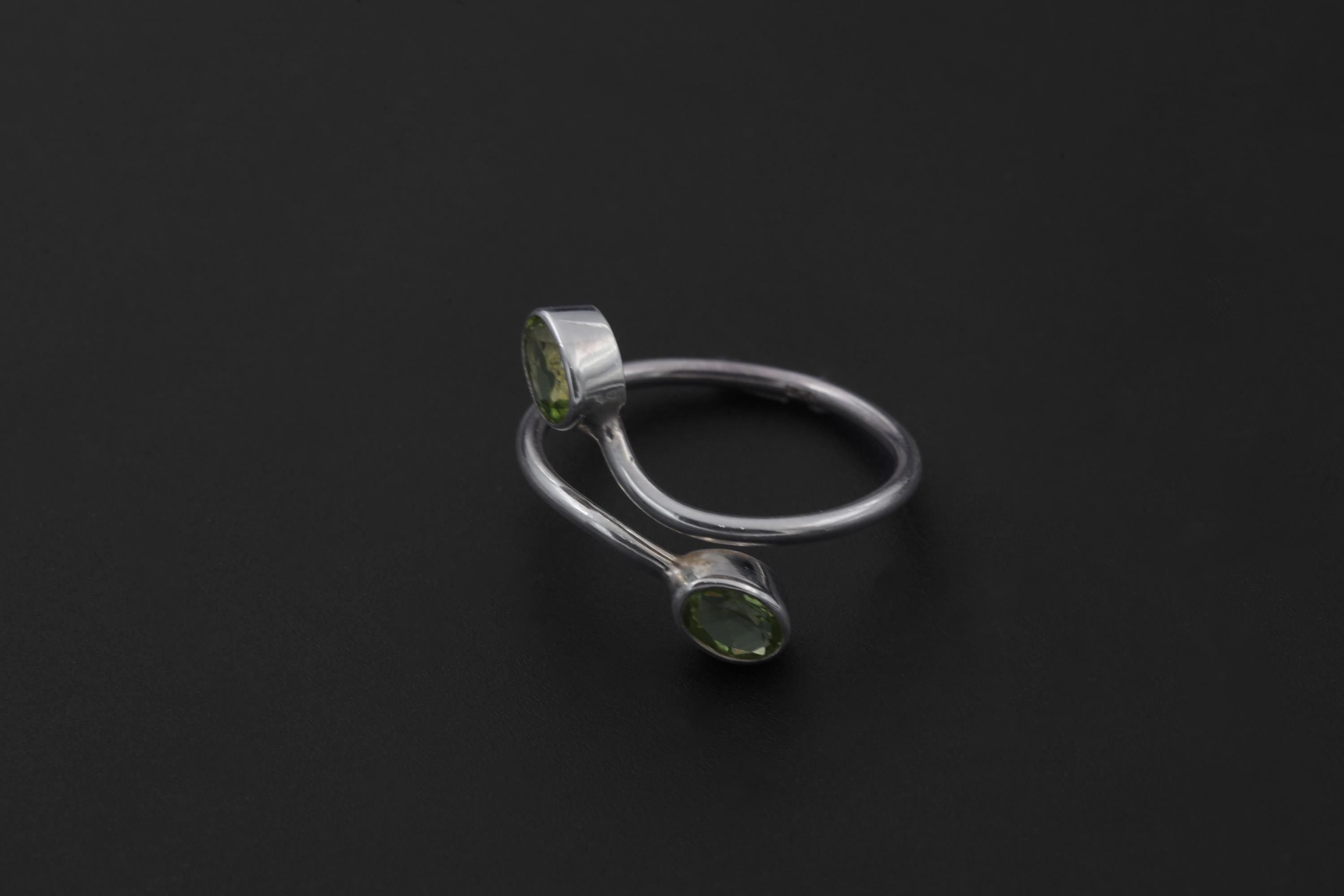 Green Peridot Silver Ring 925 Sterling Adjustable Open Band Two Stone Minimalist Gemstone Jewelry Gift