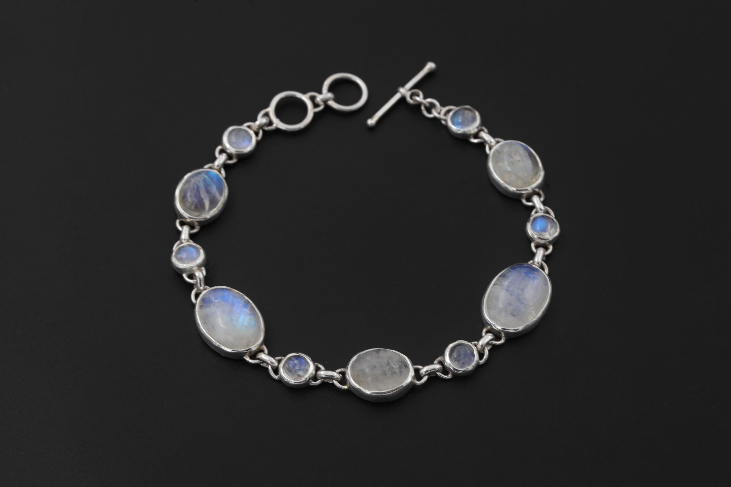 Rainbow Moonstone Bracelet Sterling Silver Bezel Set Oval Round Stones Blue Adularescence Lunar Talisman Gift