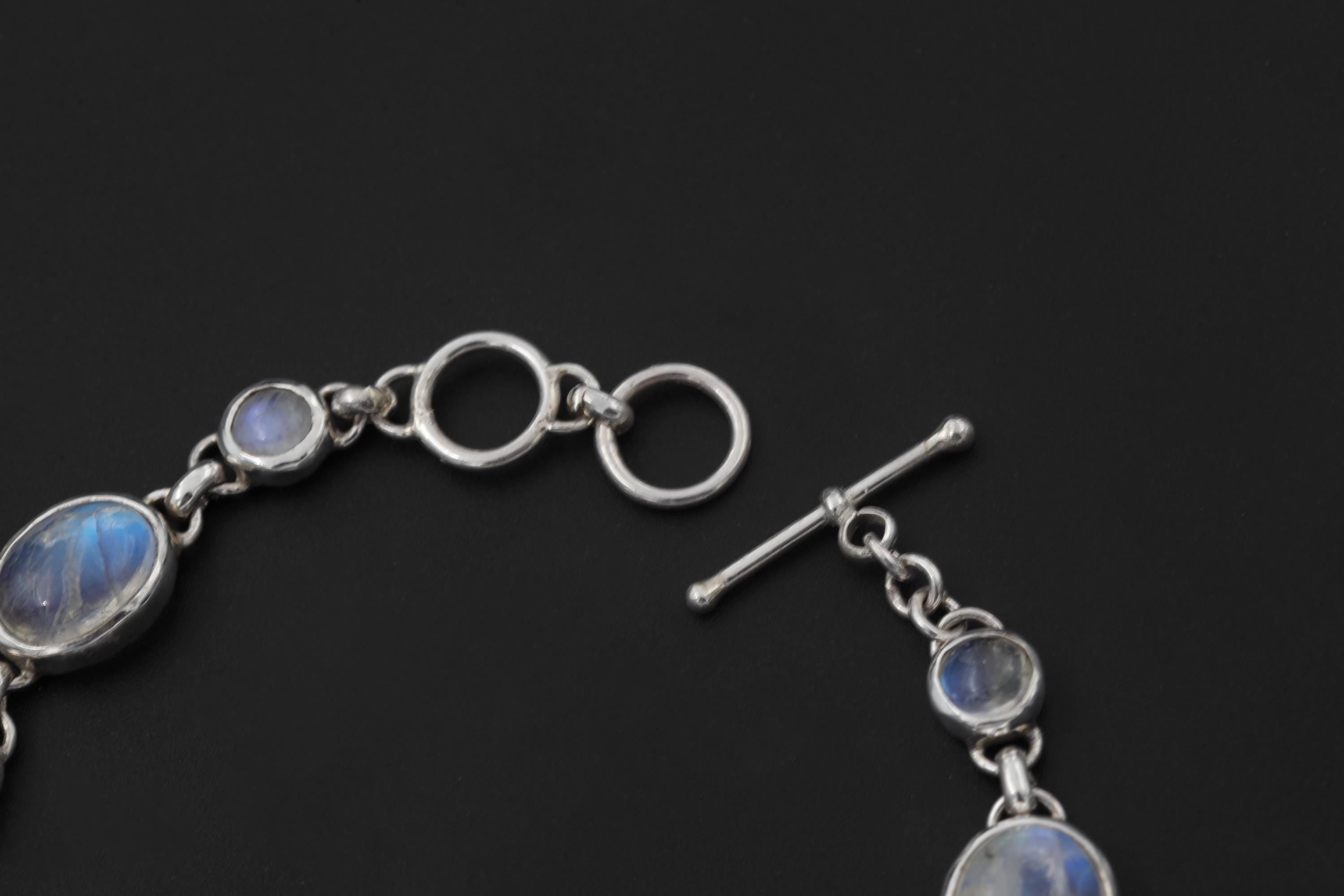 Rainbow Moonstone Bracelet Sterling Silver Bezel Set Oval Round Stones Blue Adularescence Lunar Talisman Gift