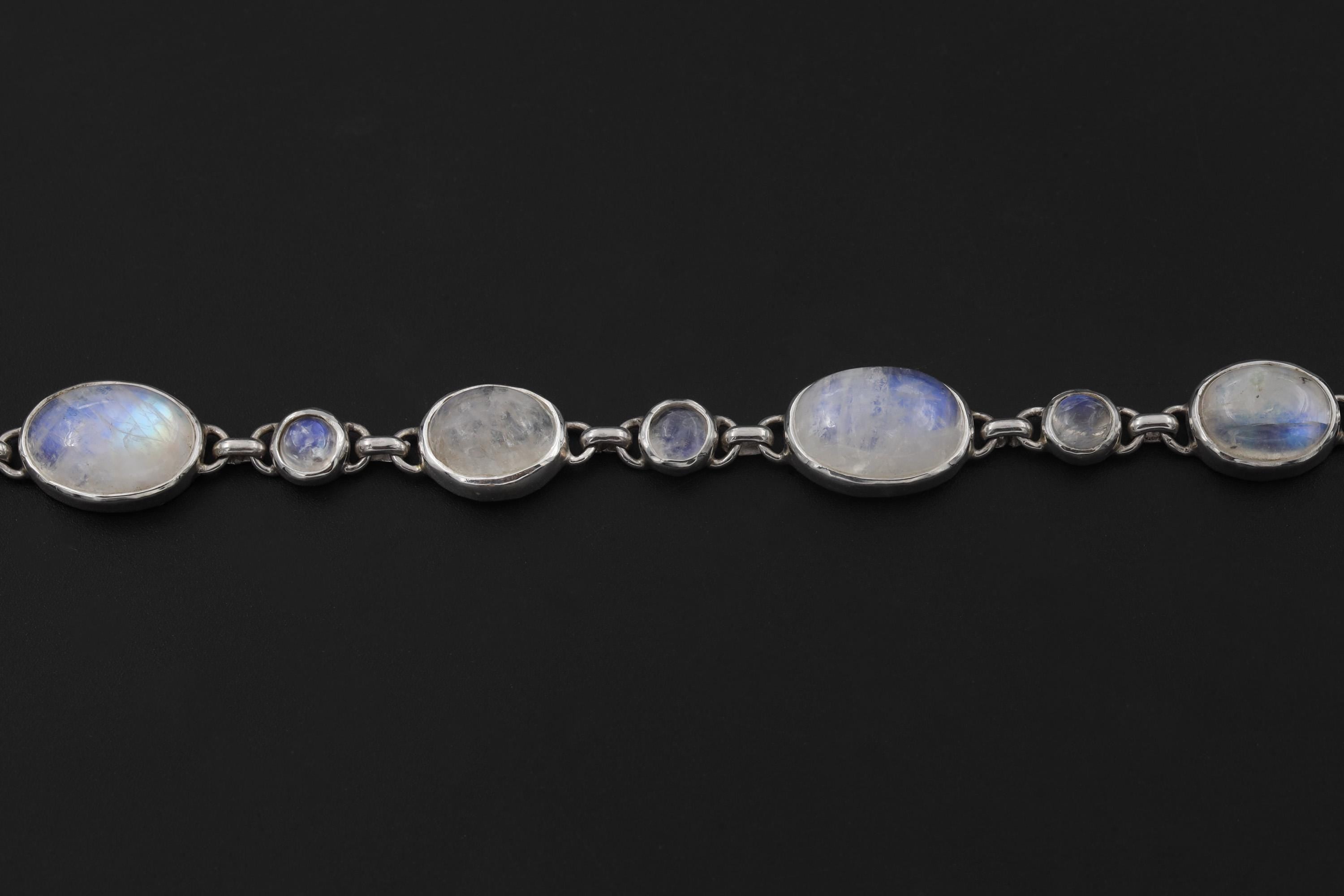 Rainbow Moonstone Bracelet Sterling Silver Bezel Set Oval Round Stones Blue Adularescence Lunar Talisman Gift