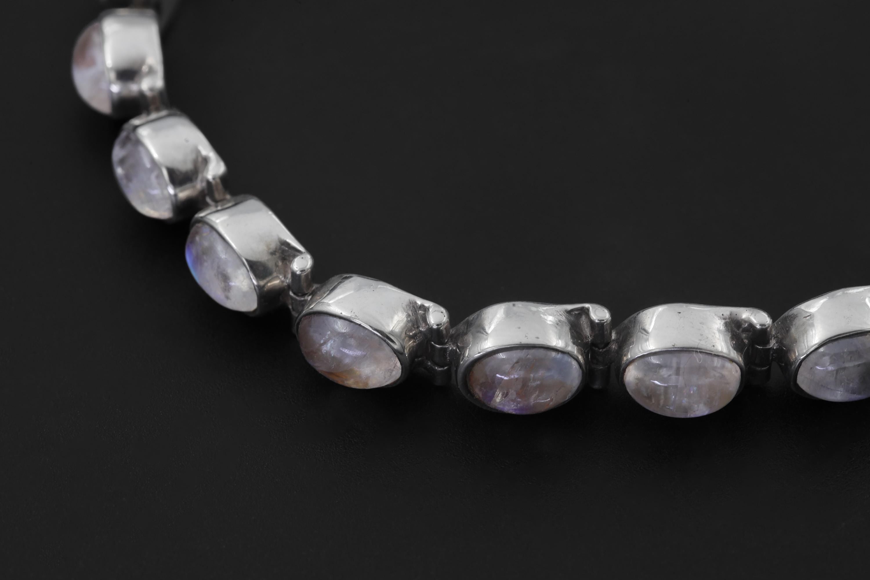 Close view of Blue Moonstone bracelet showing milky translucent stones and polished silver bezels.
