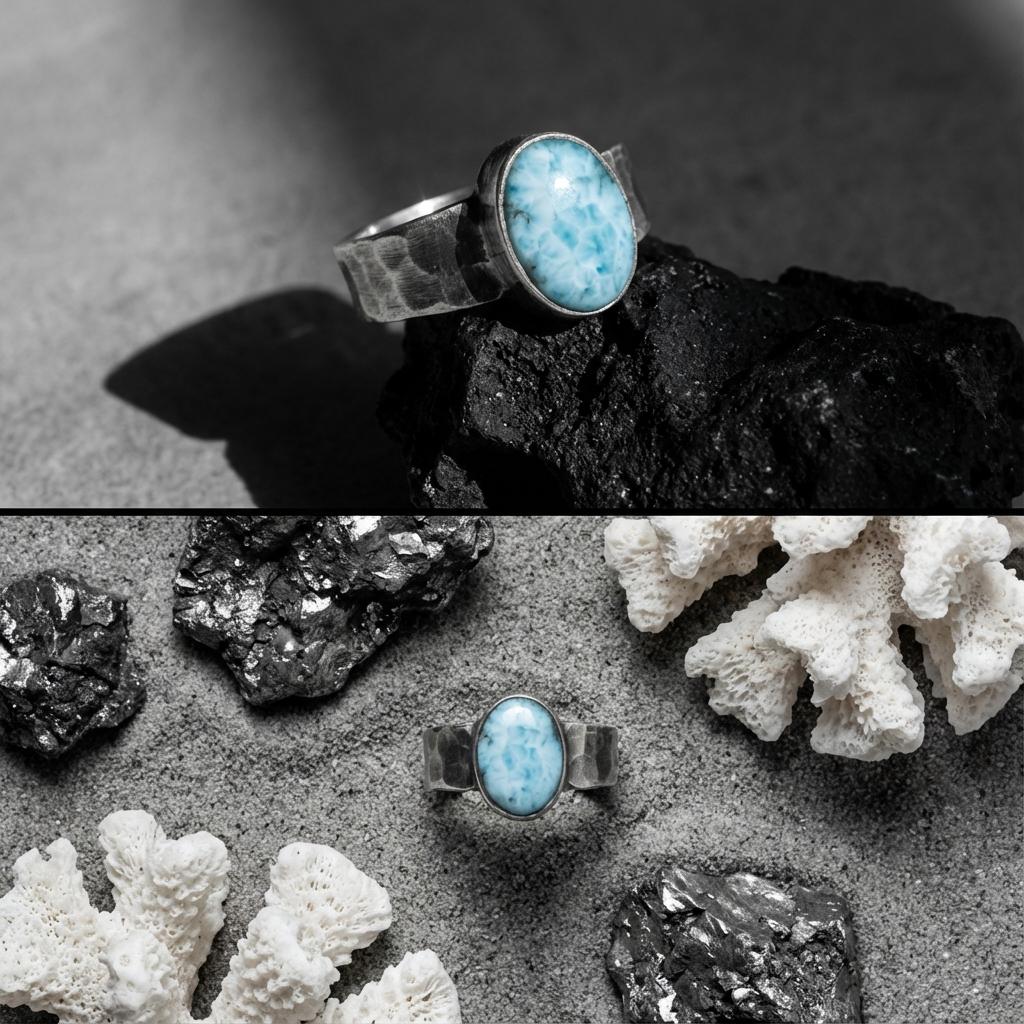 Grade AAA Larimar Cabochon Ring Sterling Silver Hammered Band Blue Pectolite Throat Chakra Talisman Jewelry Size 10 US