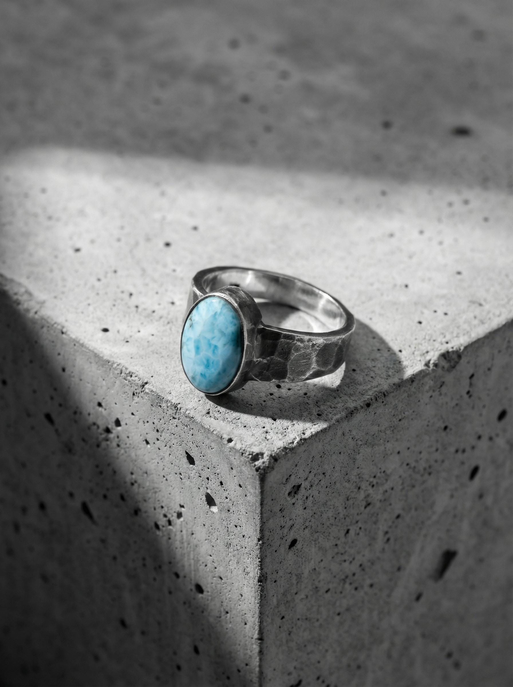 Grade AAA Larimar Cabochon Ring Sterling Silver Hammered Band Blue Pectolite Throat Chakra Talisman Jewelry Size 10 US