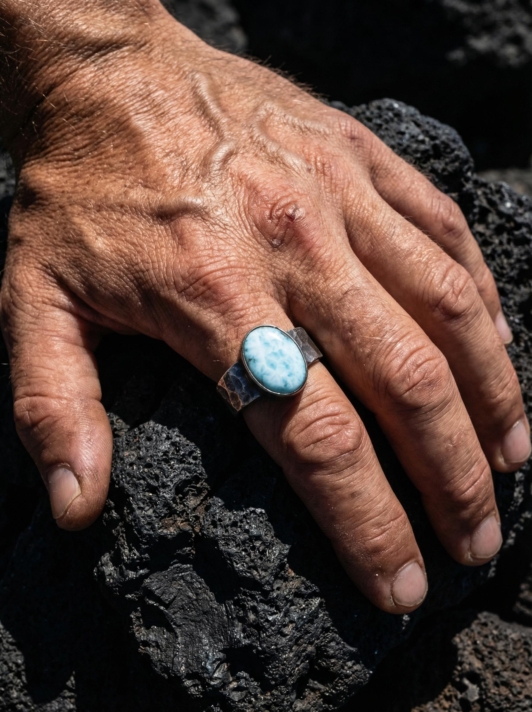 Larimar ring shown worn on hand as a substantial men’s gemstone statement ring.
