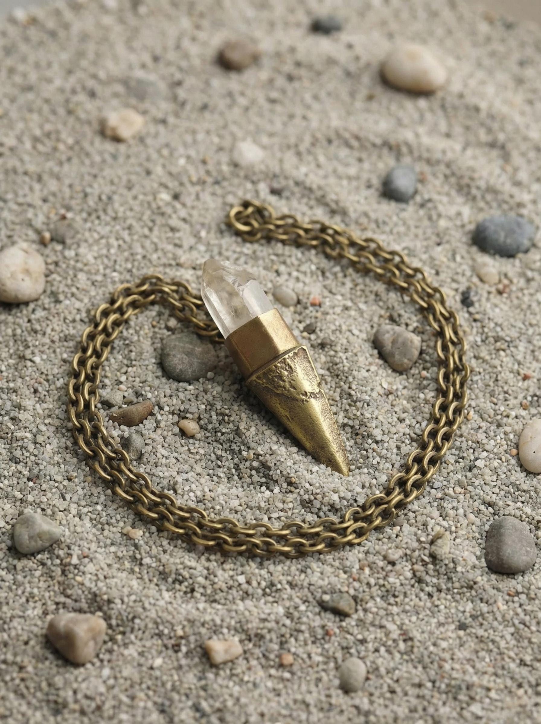 Clear Quartz Torch Pendant, Natural Brass Talisman, Raw Crystal Point, Light Guidance Amulet, Clarity & Protection Jewelry, Unique Gift