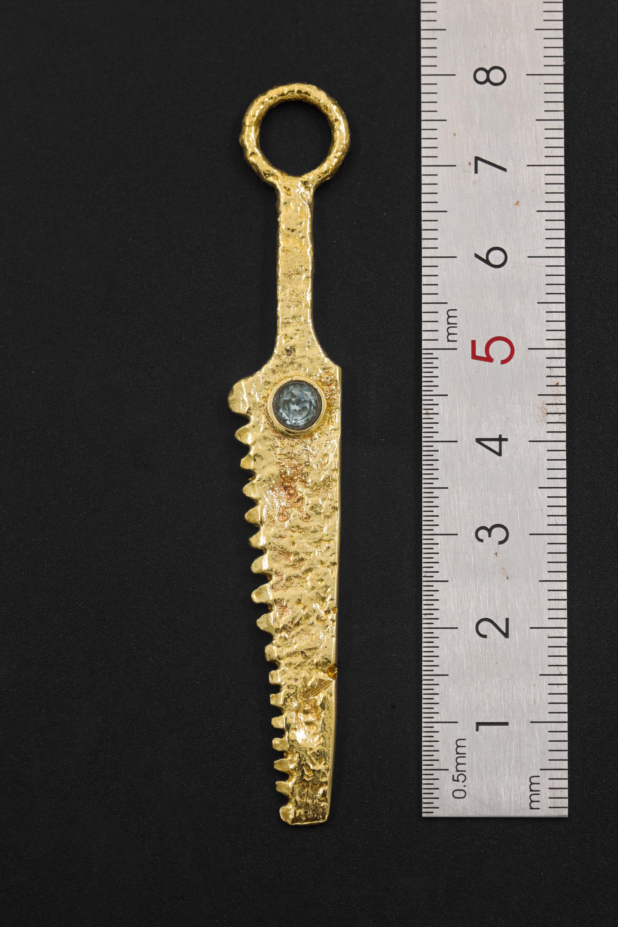 Cast Brass Cutter Spoon Pendant, Blue Topaz, 18k Gold Plated Talisman Necklace