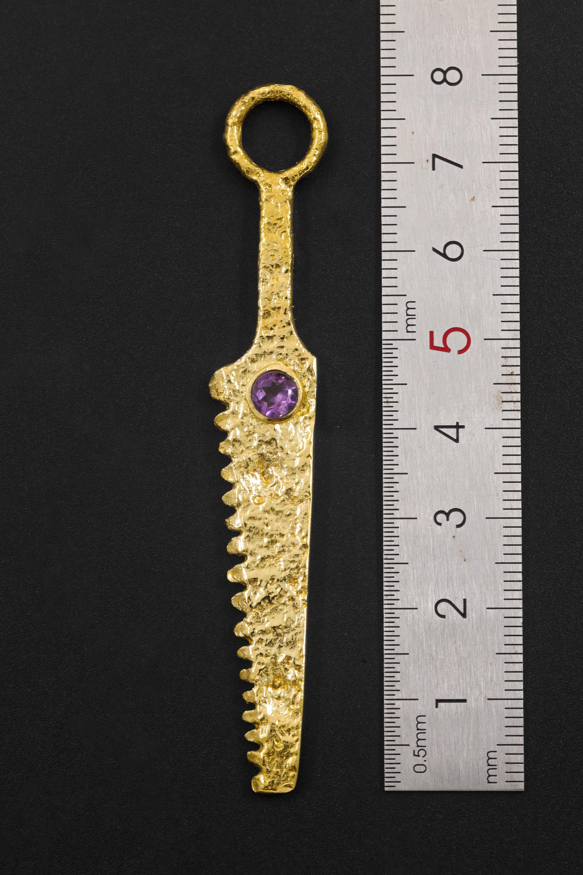 18k Gold Plated Brass Cutter Spoon Pendant, Faceted Amethyst Talisman, Ritual Jewelry