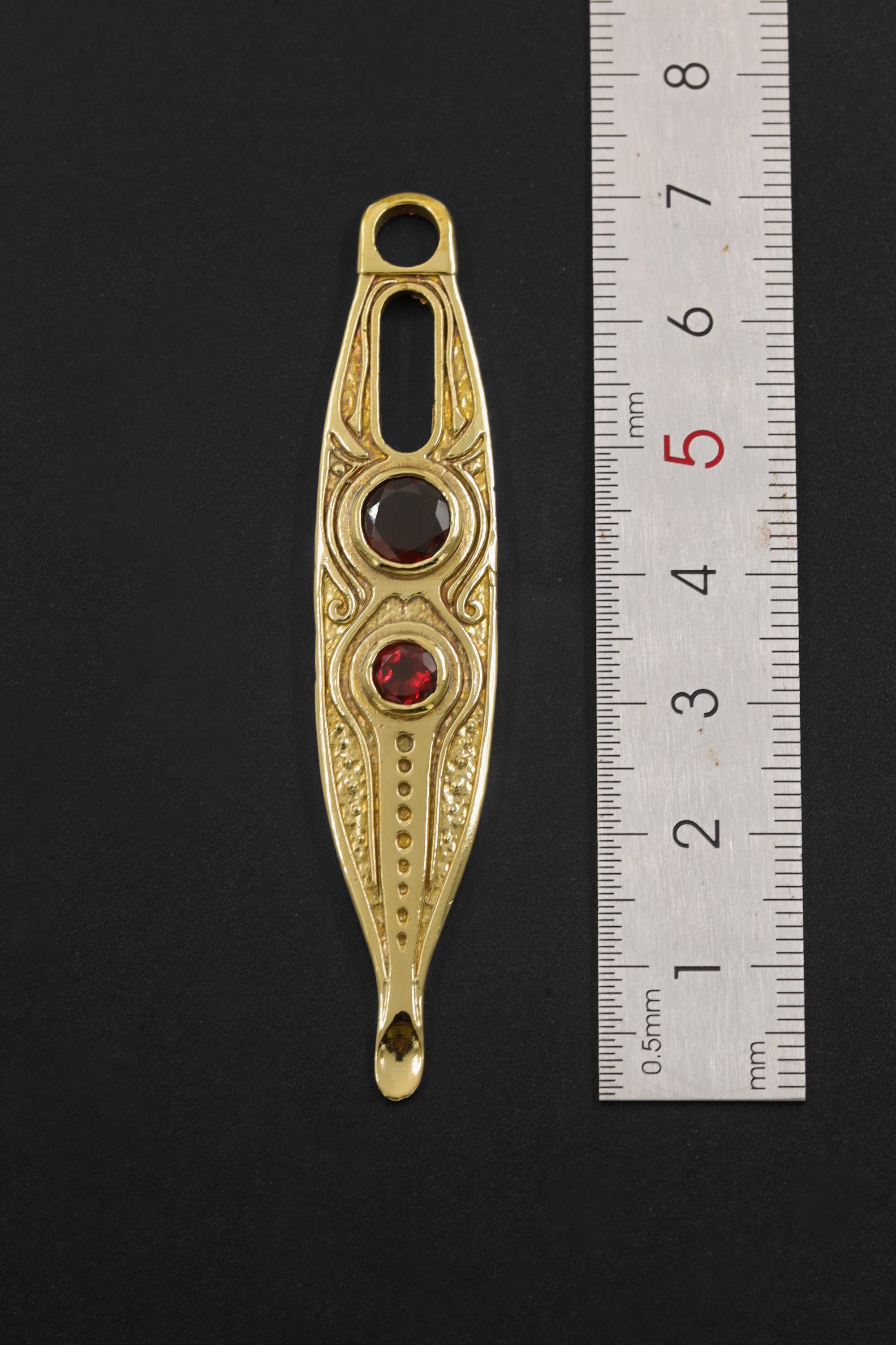 Gold Plated Brass Spoon Pendant, Faceted Red Garnet, Ritual Talisman Jewelry