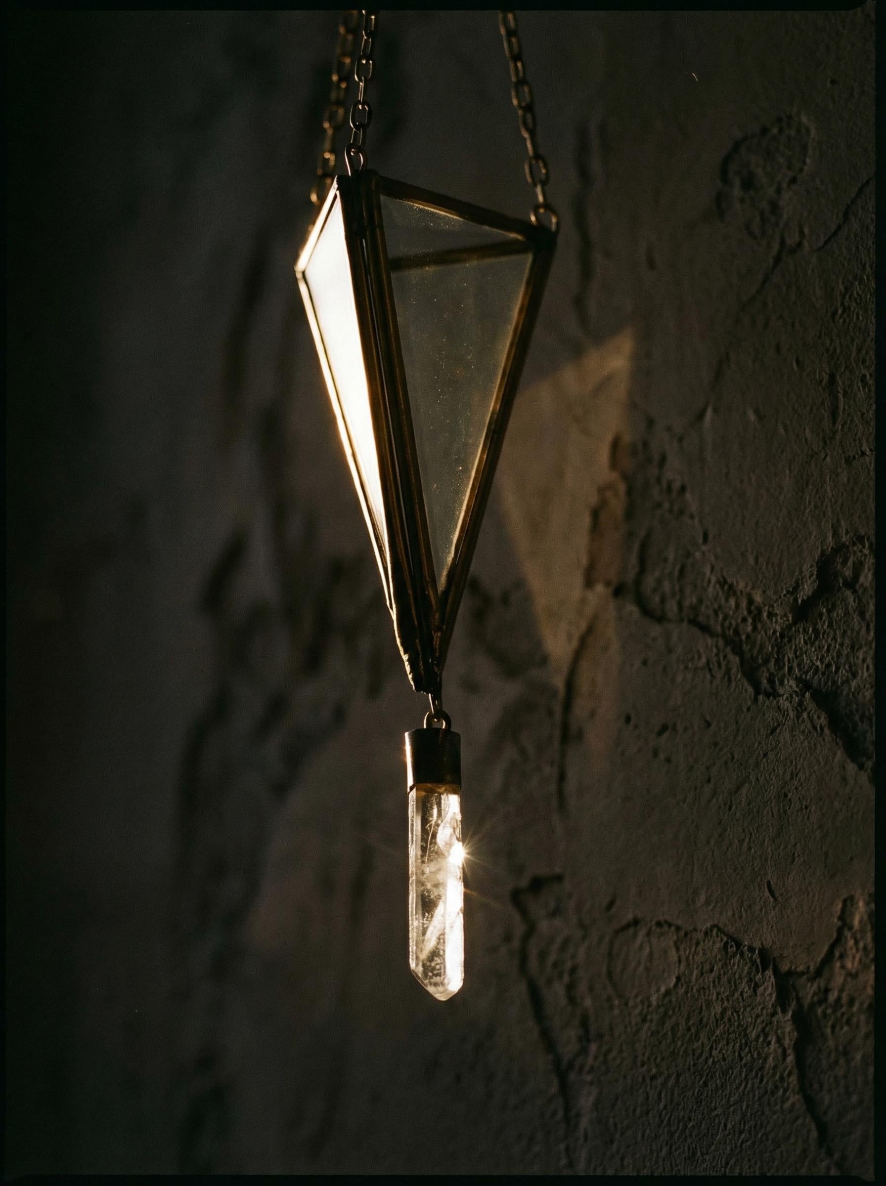 Brass Triangle Quartz Crystal Ornament - Geometric Boho Decor