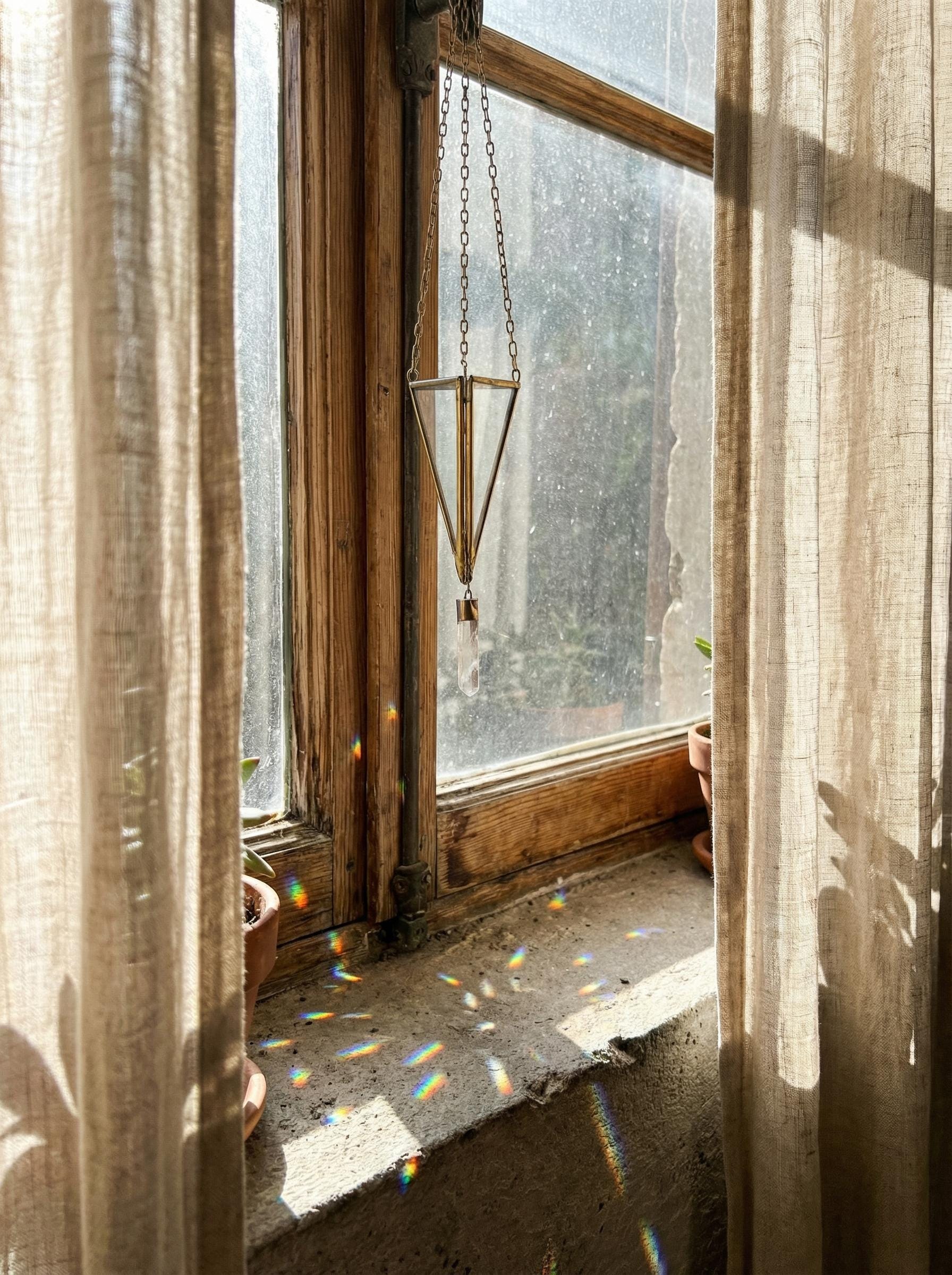 Brass Triangle Quartz Crystal Ornament - Geometric Boho Decor