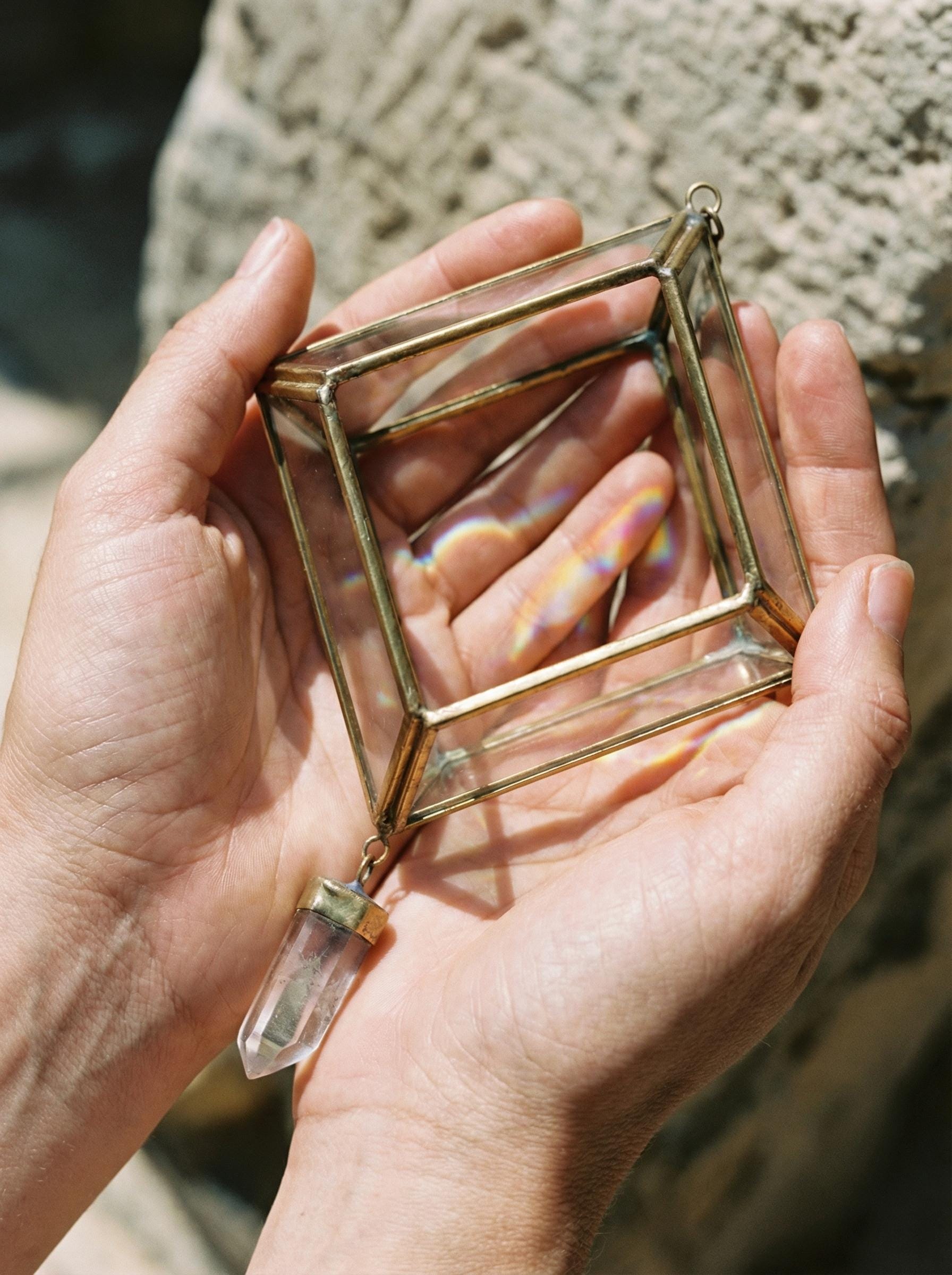 Quartz Reliquary Hanging Decoration – Geometric Glass & Brass Ornament, Raw Crystal Point, Sacred Home Decor
